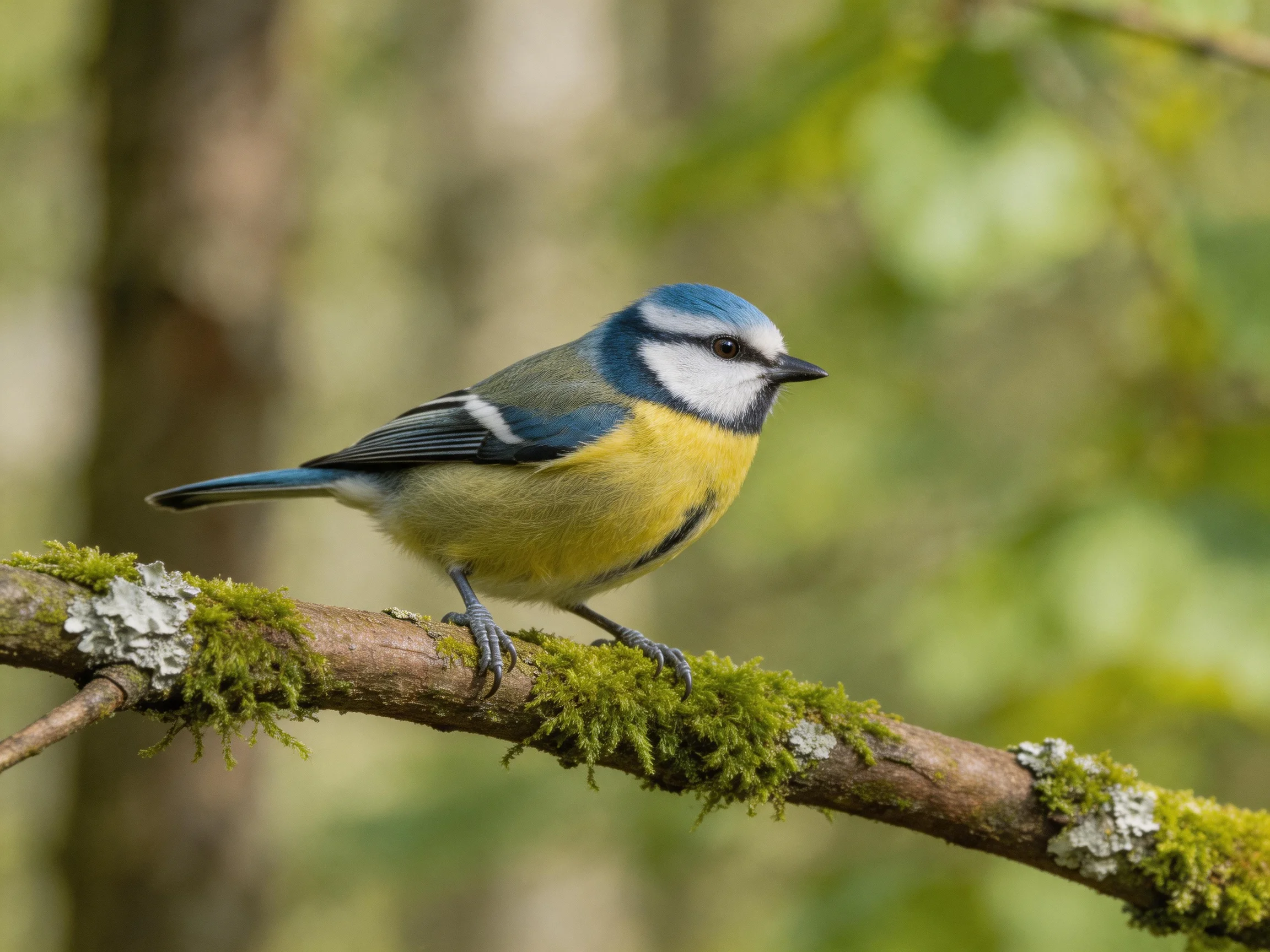 A blue and yellow bird perched on a mossy branch