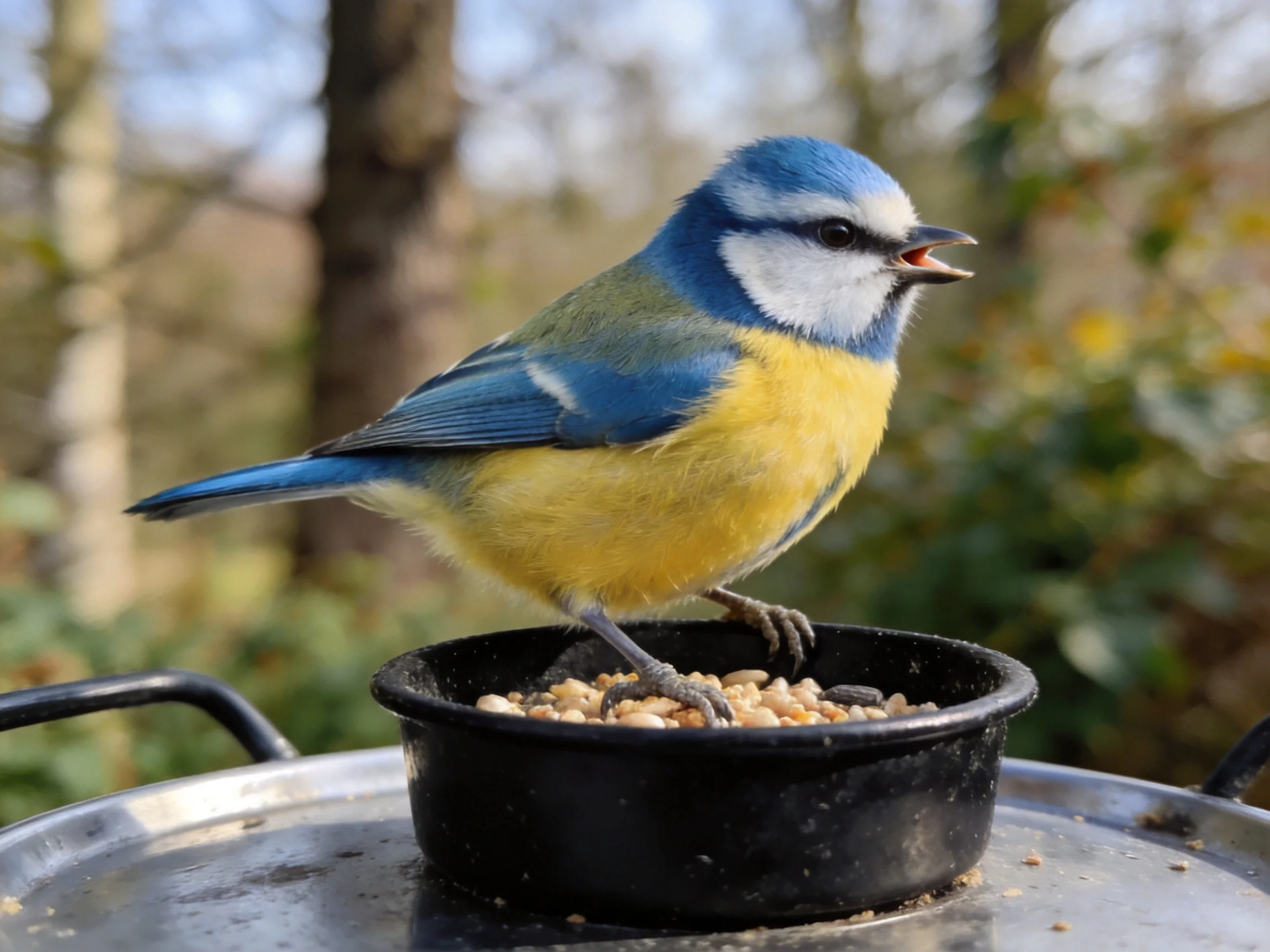 A colorful bird feeds from a seed container in a natural outdoor setting.