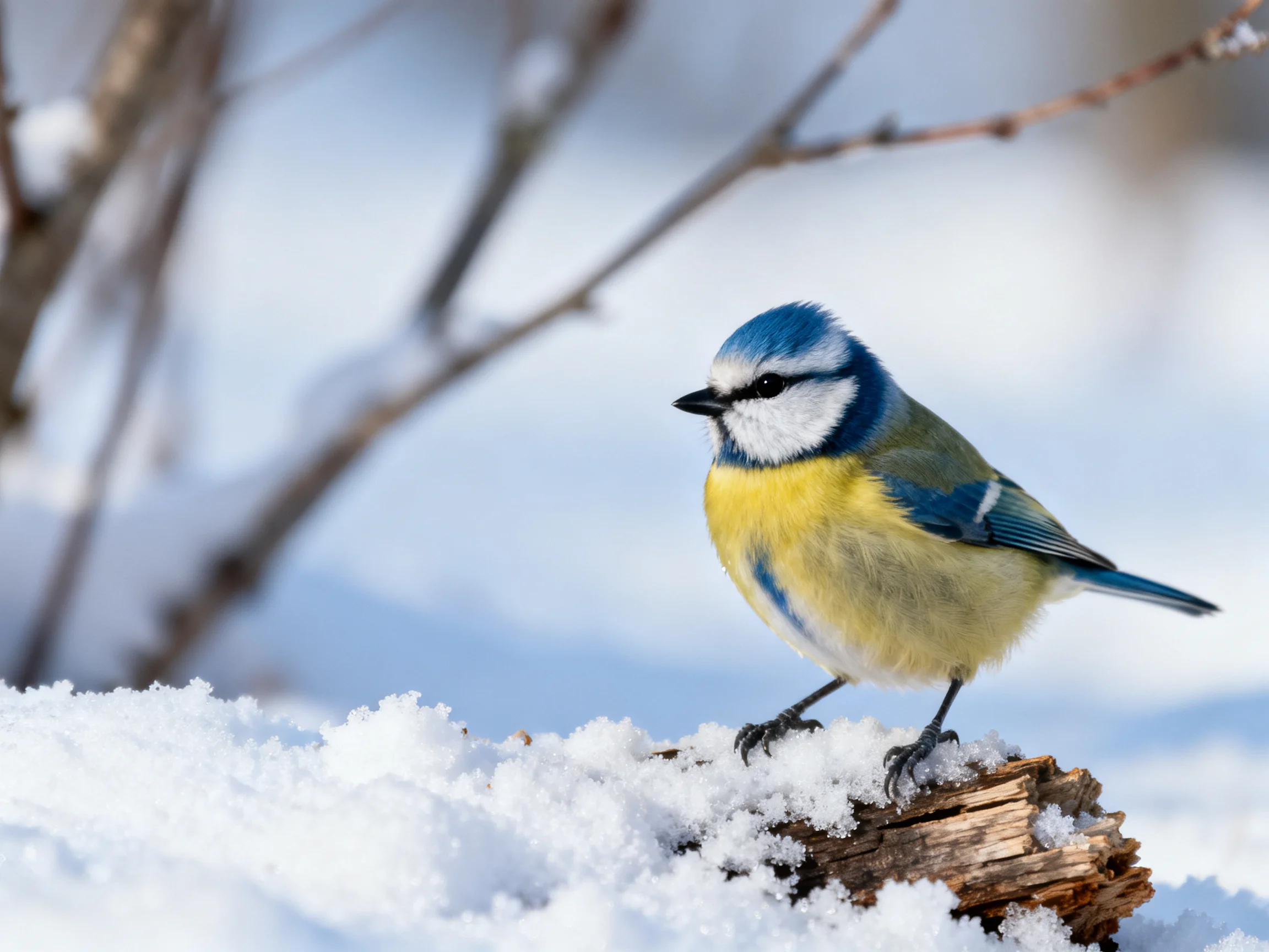 A blue and yellow bird perched on a snow - covered wooden stump