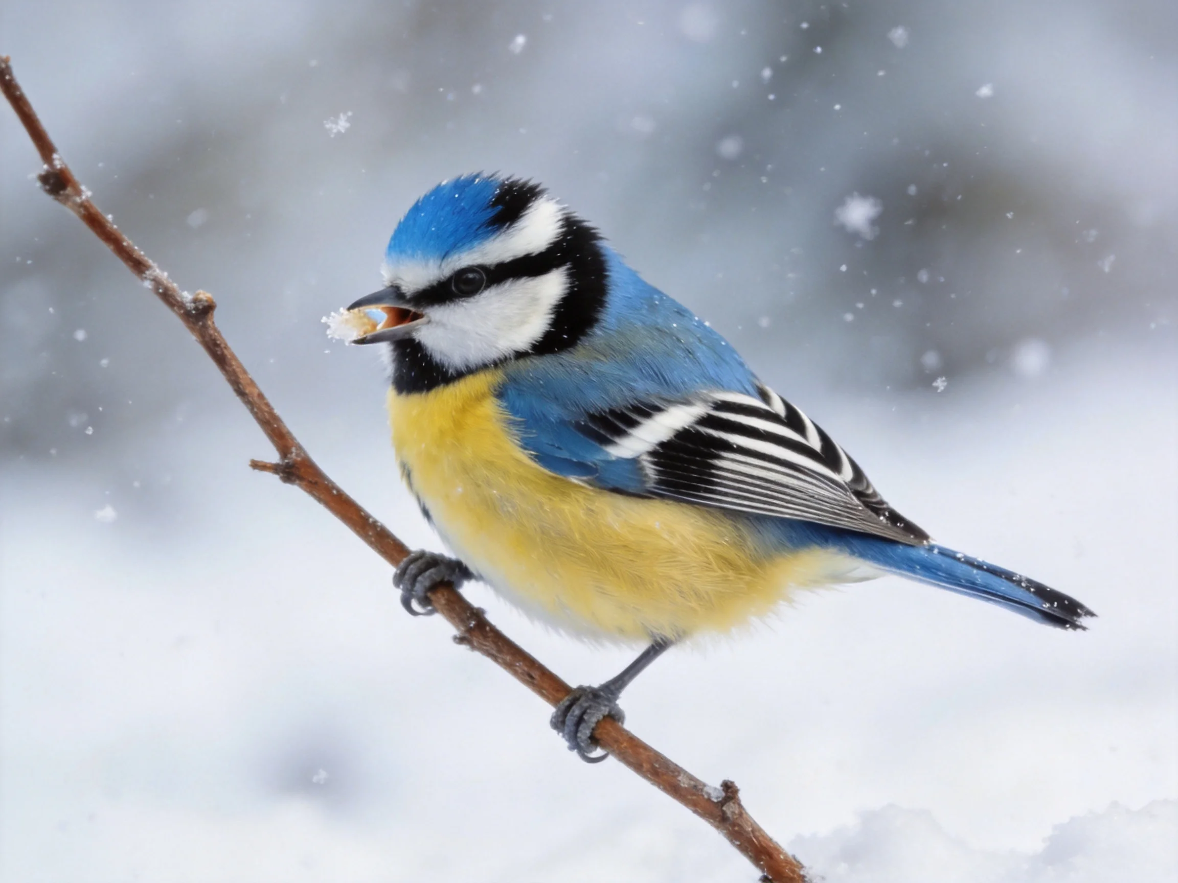 A colorful bird holds food while perched on a branch in a snowy landscape.