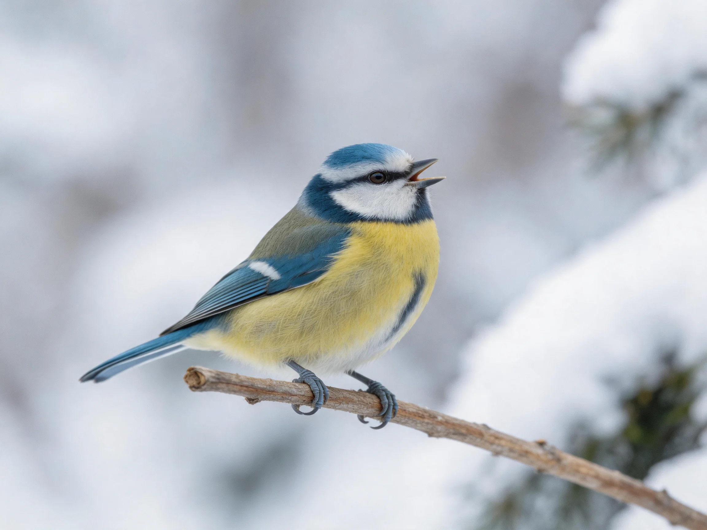 A blue and yellow bird perched on a snowy branch