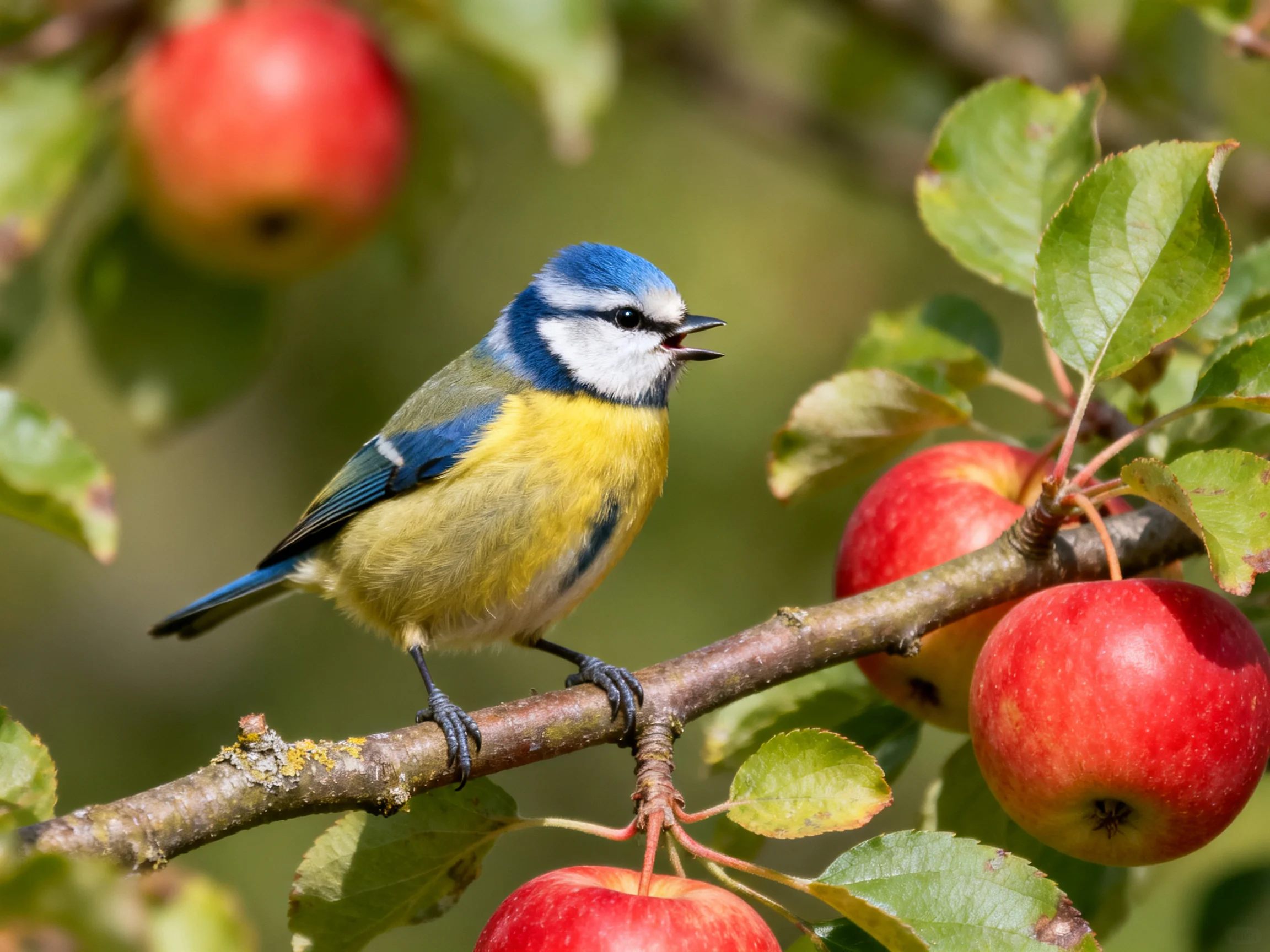A blue and yellow bird perches amid vibrant red apples on a tree branch