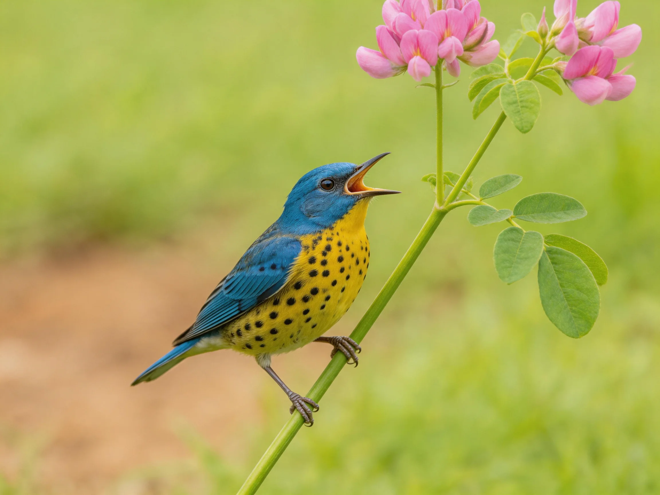 A blue and yellow bird perches near pink flowers on a green stem