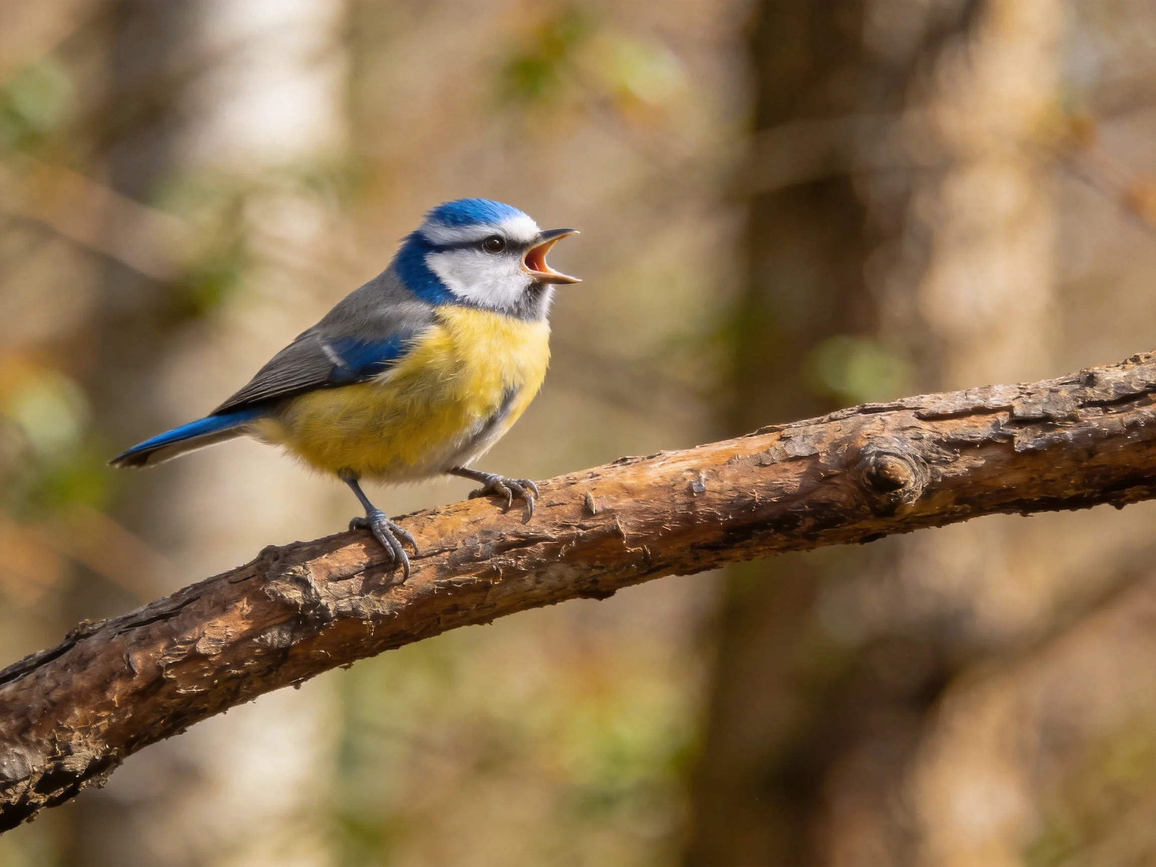 A blue and yellow bird perches on a gnarled branch