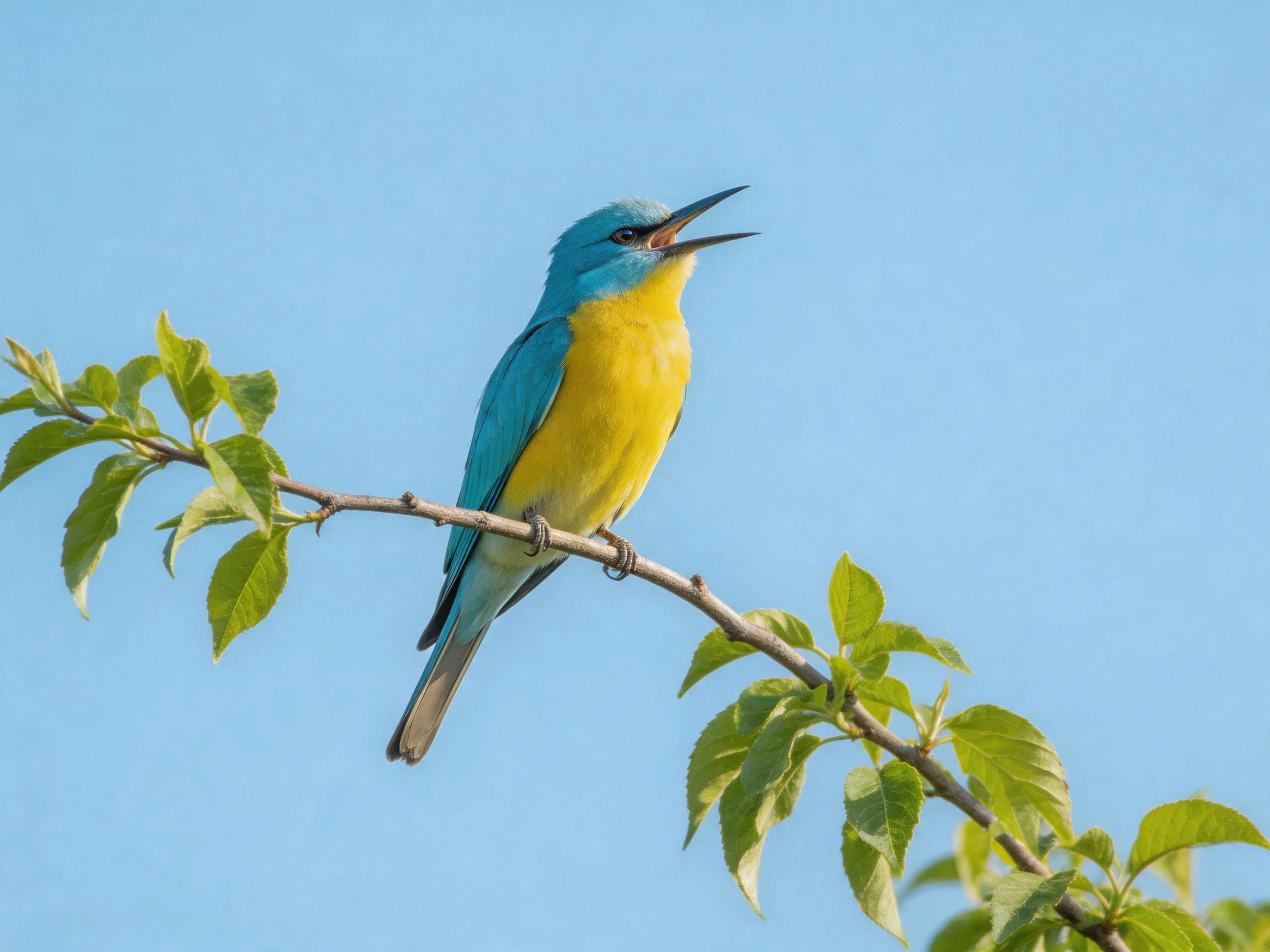A blue and yellow bird perches on a leafy branch under clear sky
