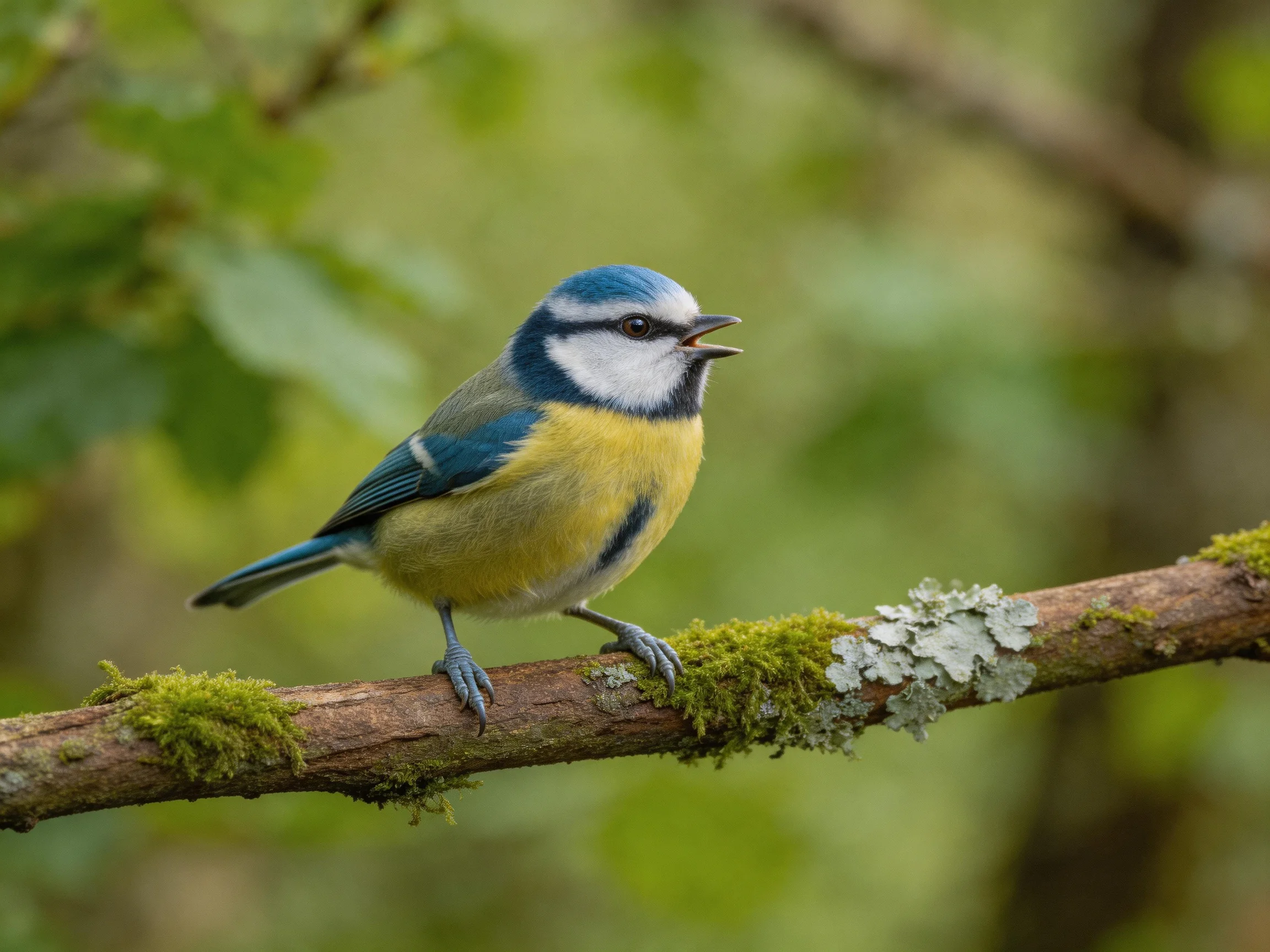 A blue and yellow bird perches on a moss-covered branch