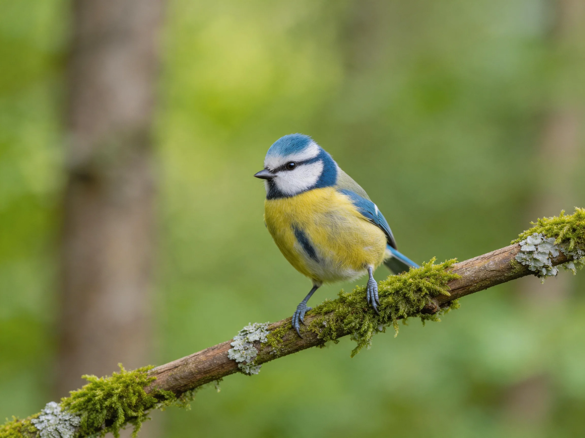 A blue and yellow bird perches on a moss-covered tree branch