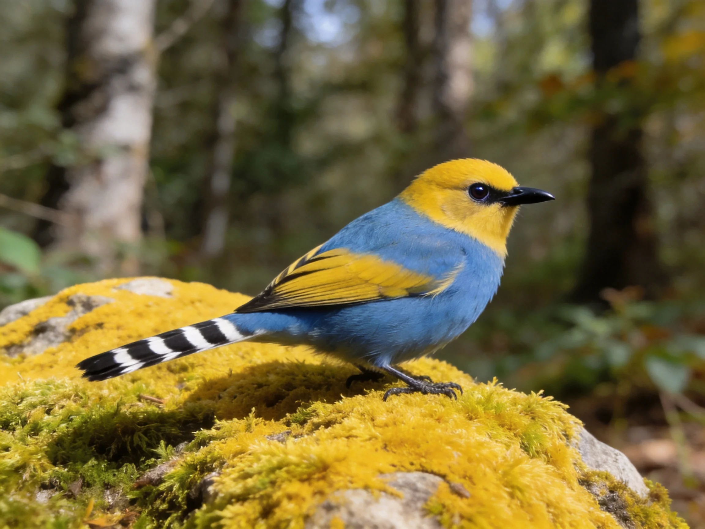 A blue and yellow bird perches on a mossy forest rock