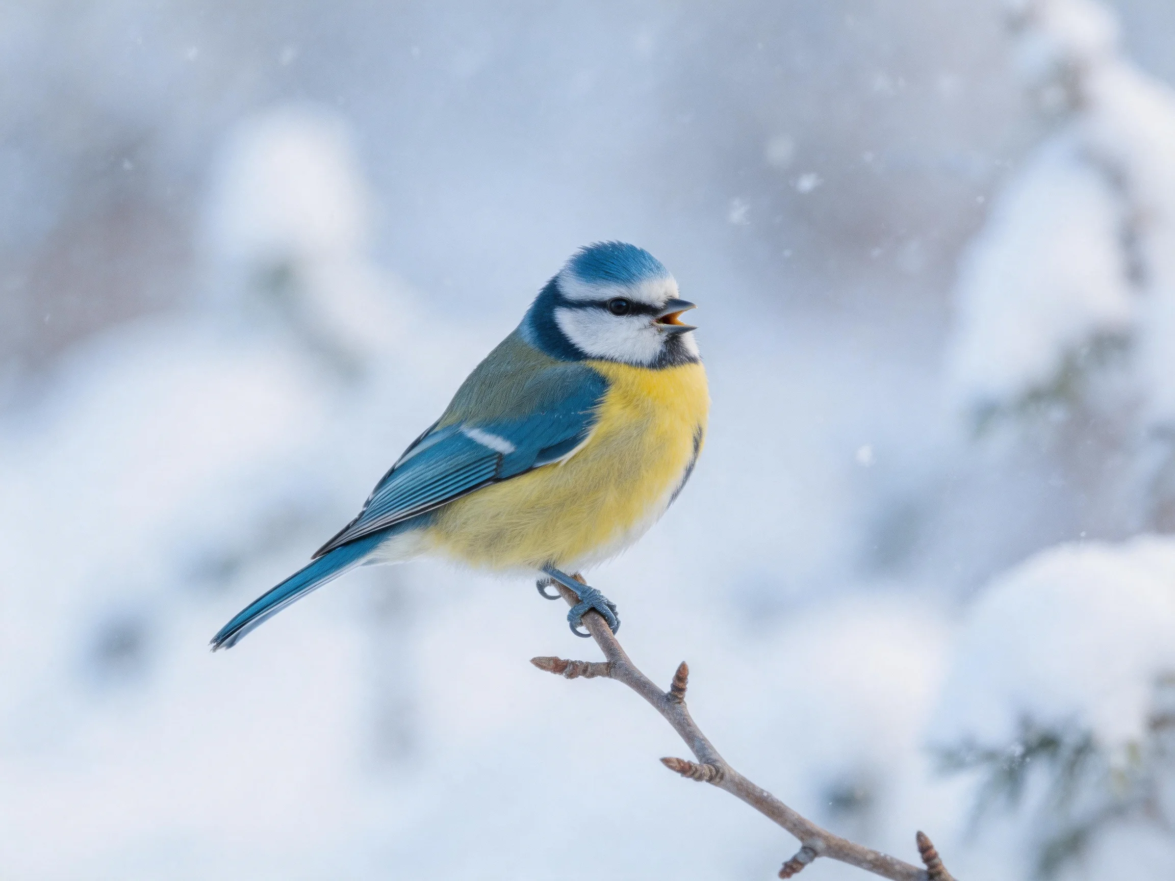 A blue and yellow bird perches on a snow-dusted branch