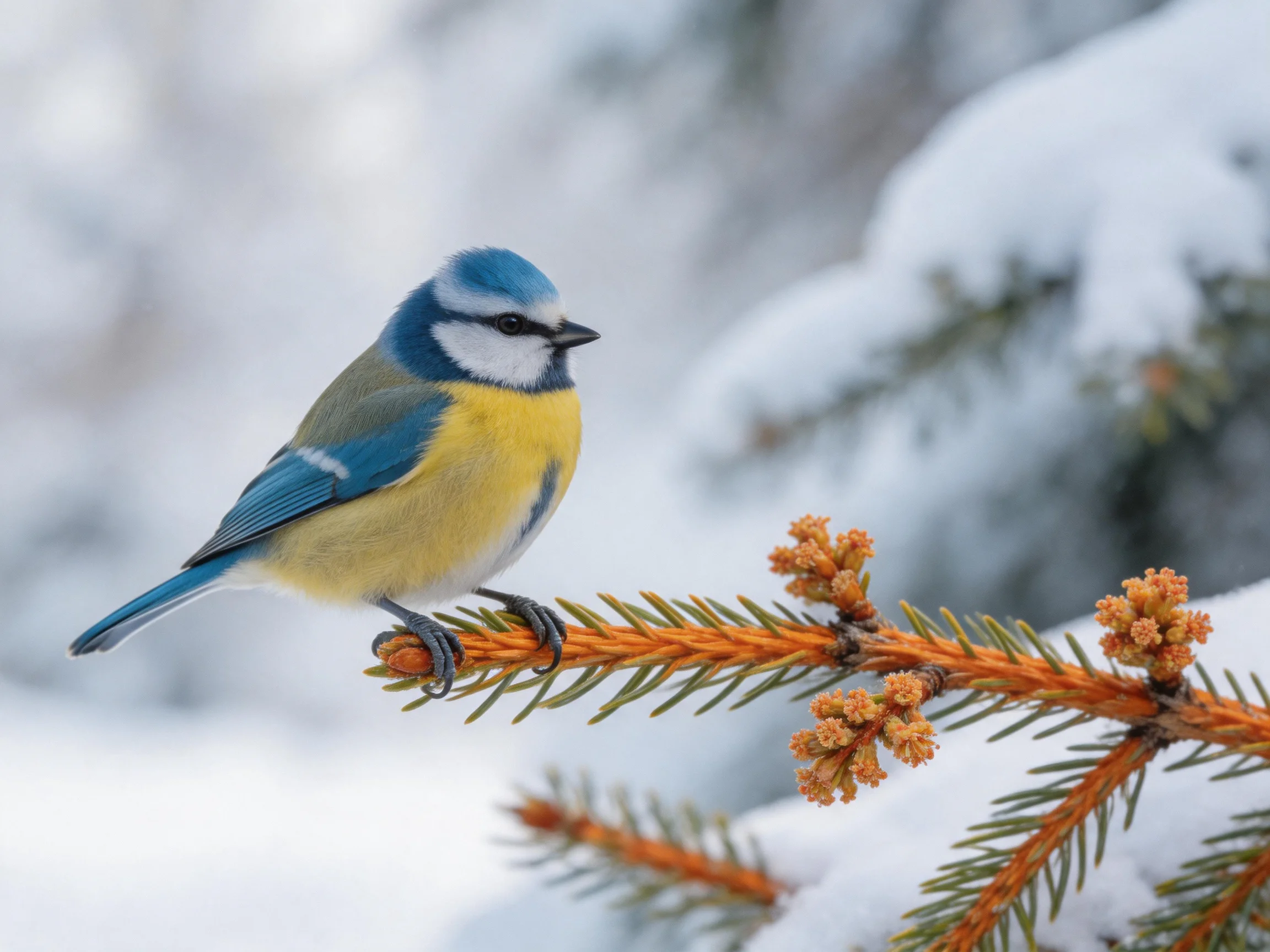 A blue and yellow bird perches on a snow-dusted pine branch