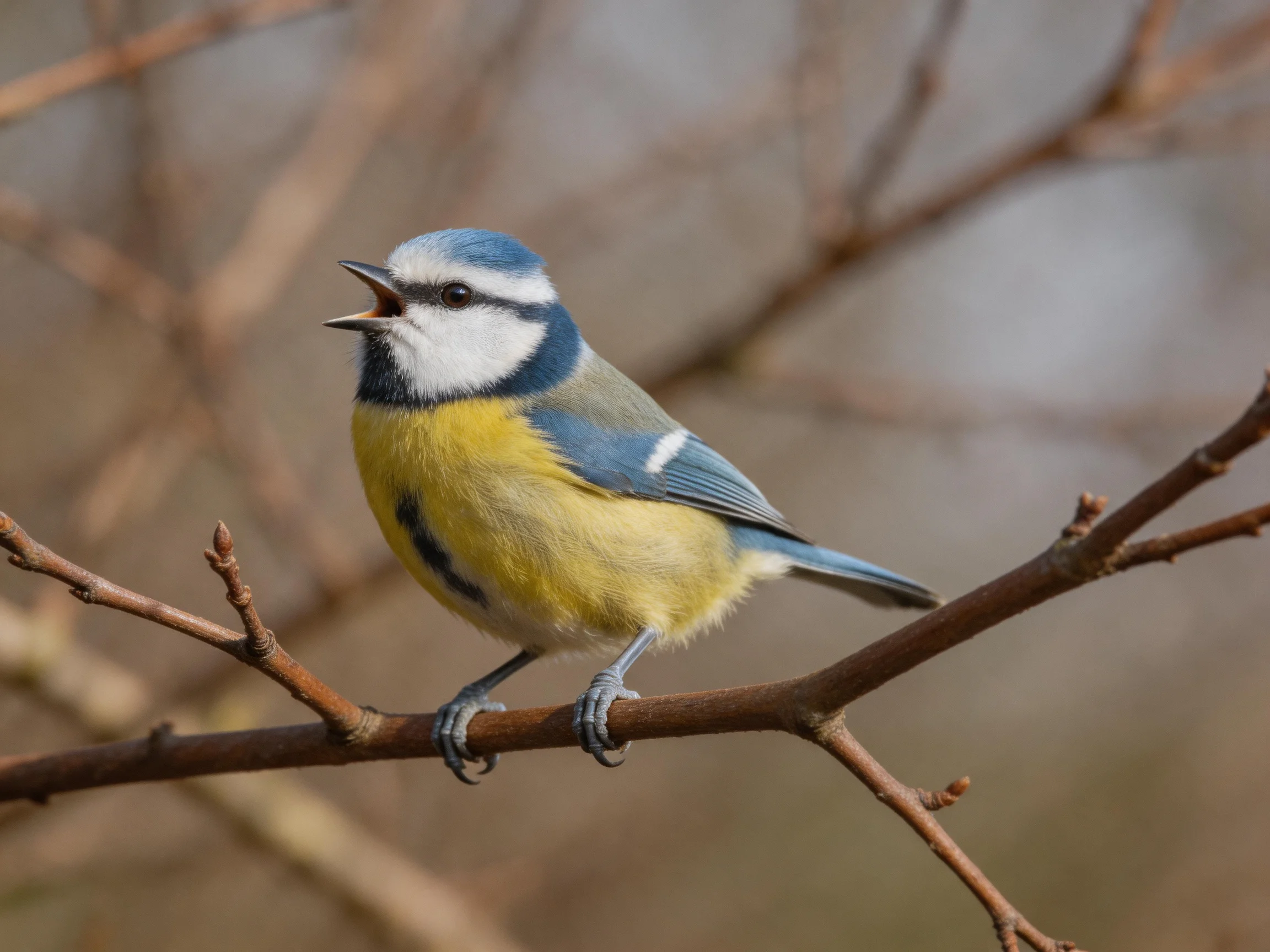 A blue and yellow bird perches on a thin branch