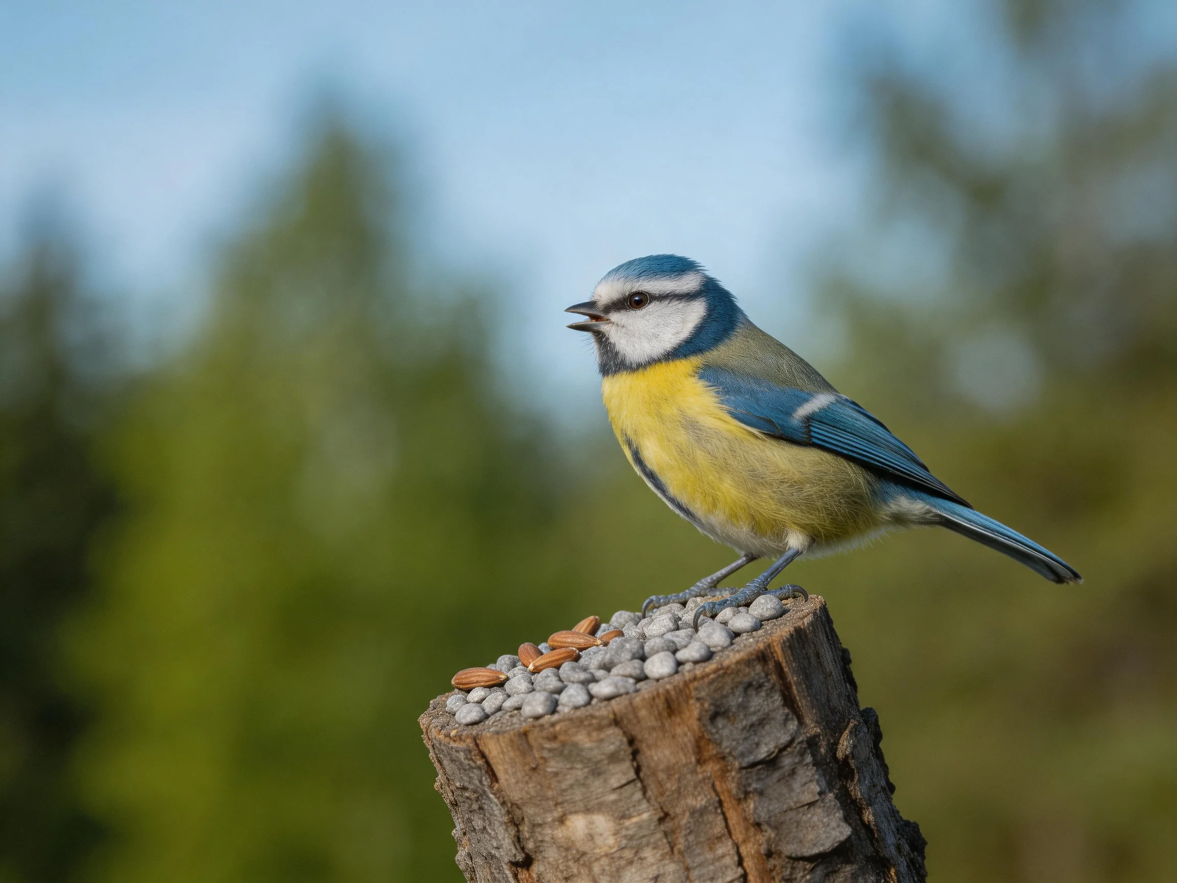A blue and yellow bird perches on a wooden stump with mixed seeds