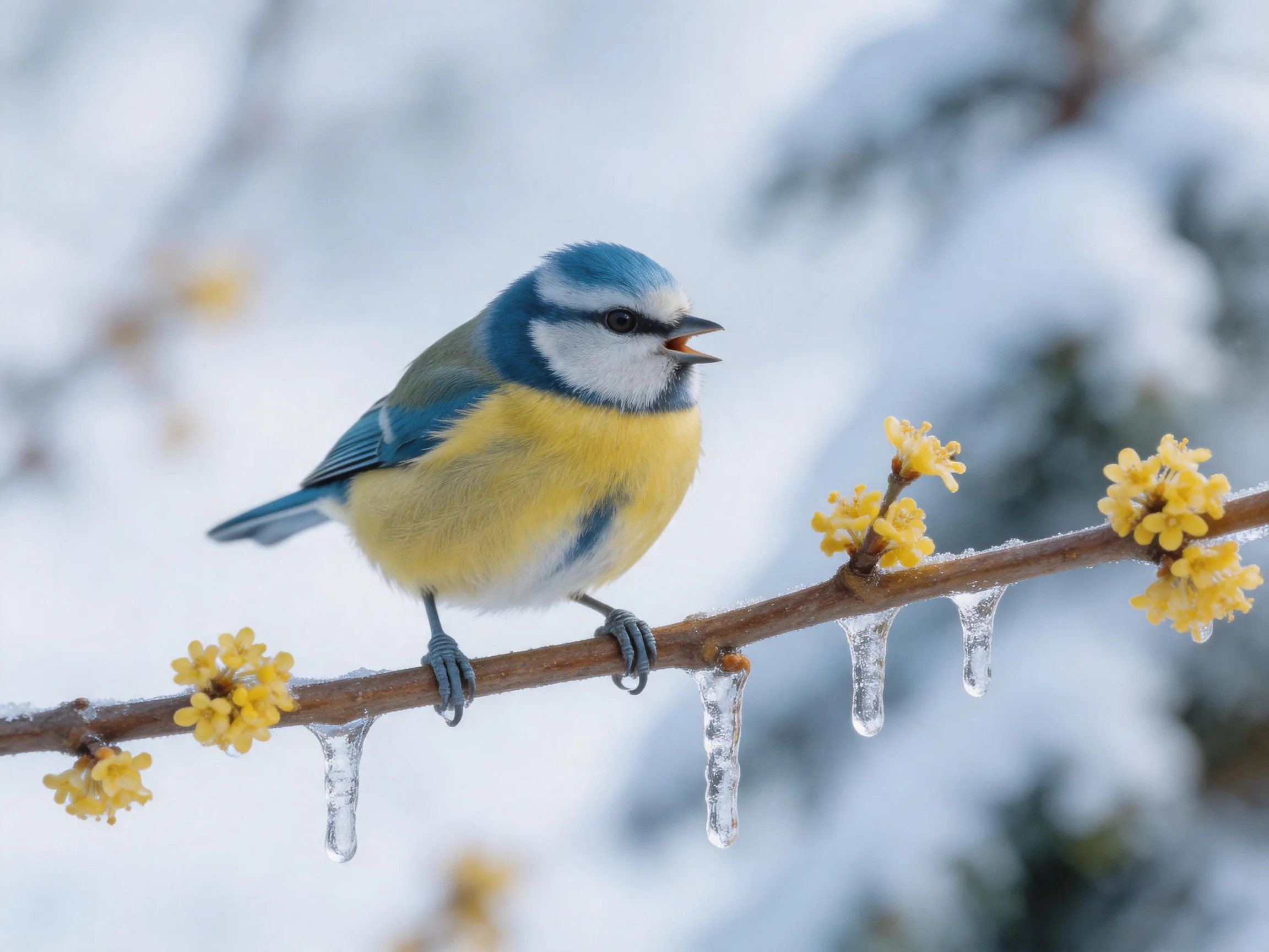 A blue and yellow bird perches on an icy flower-covered branch
