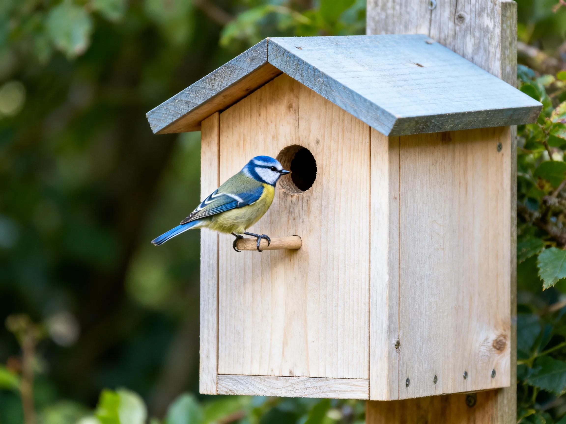 A blue and yellow bird visiting a wooden birdhouse with a gray roof
