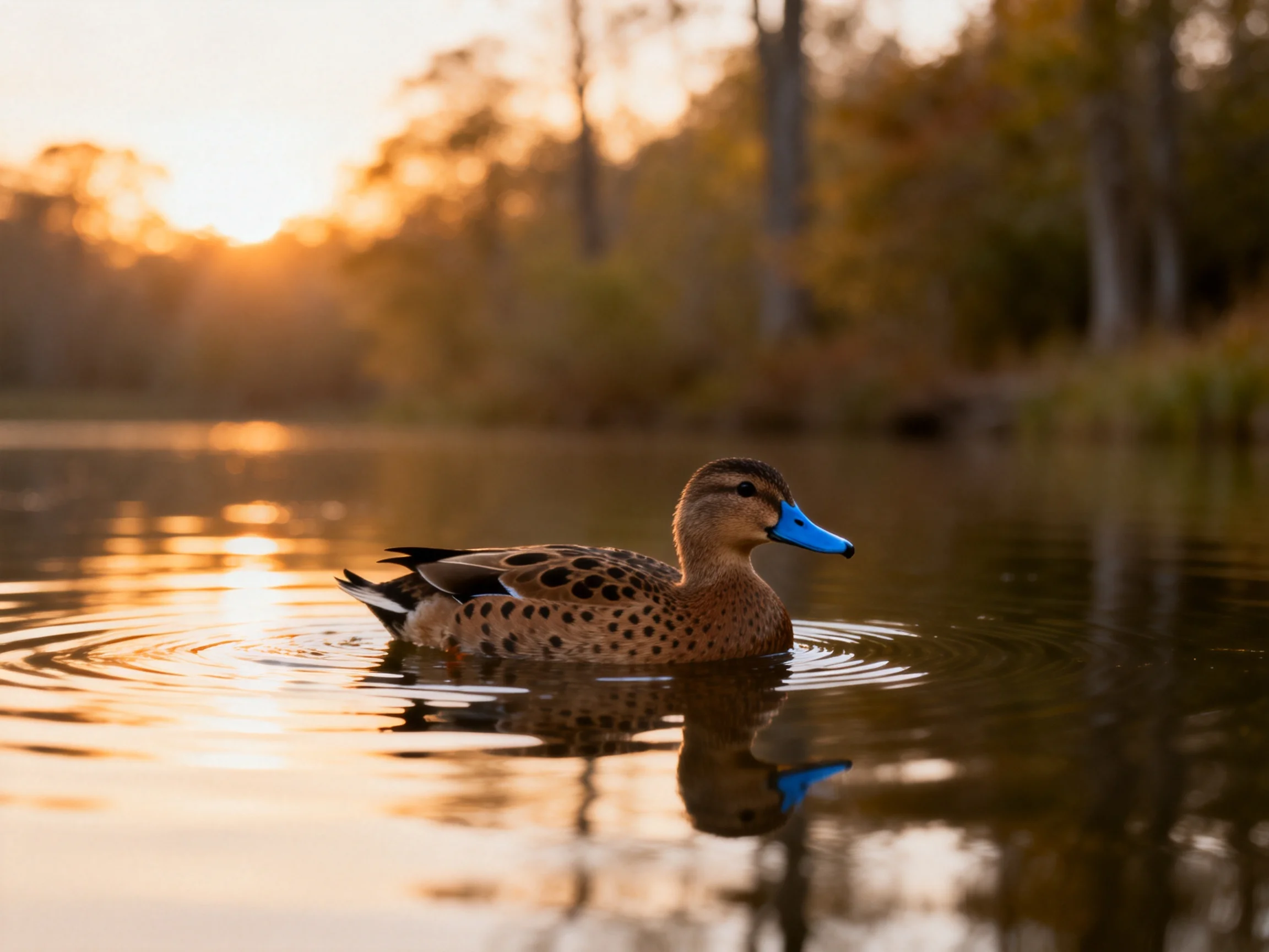 A blue-billed duck swims in calm waters during golden hour