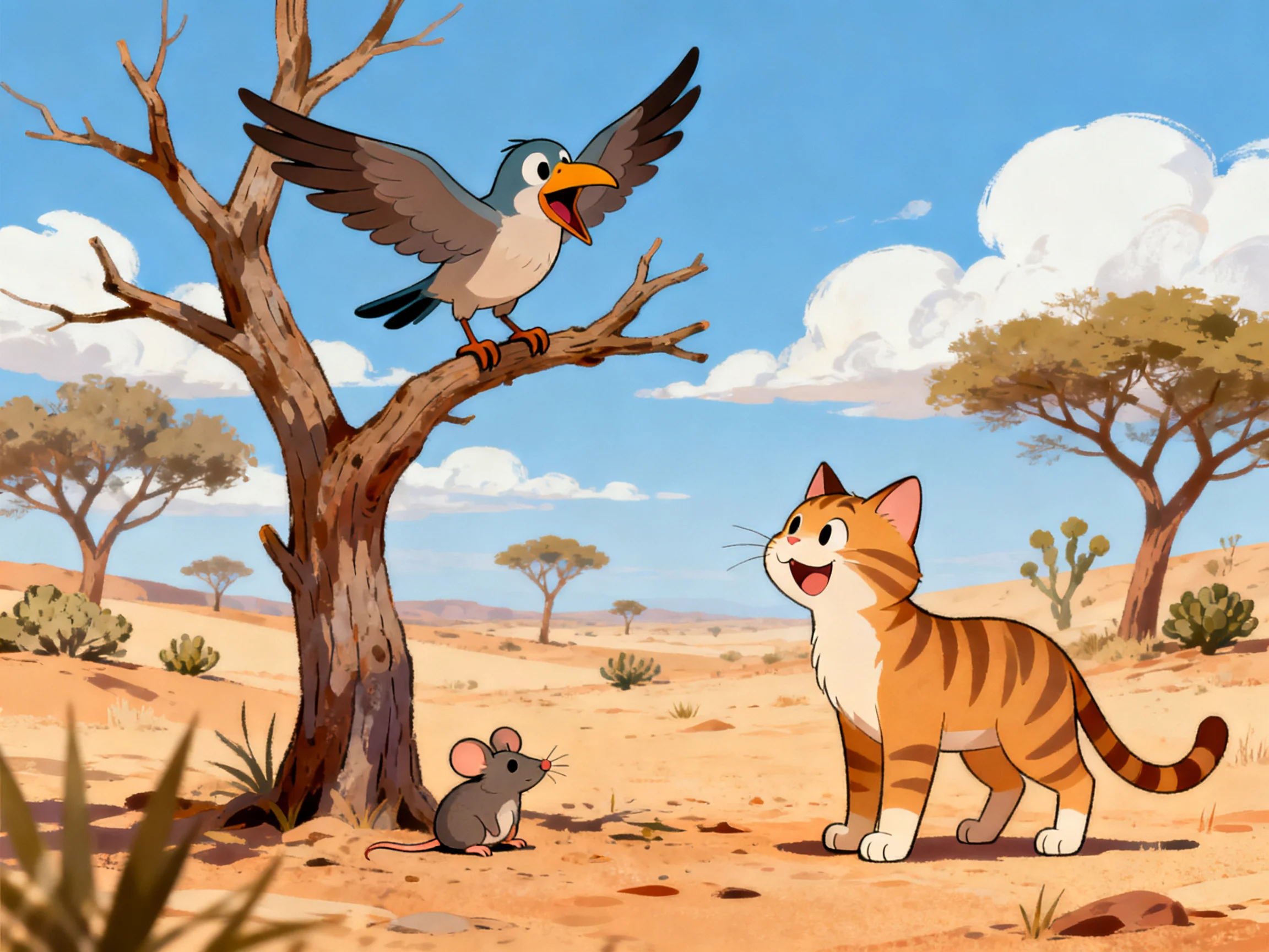 Three animals interact in a sunny desert landscape with trees