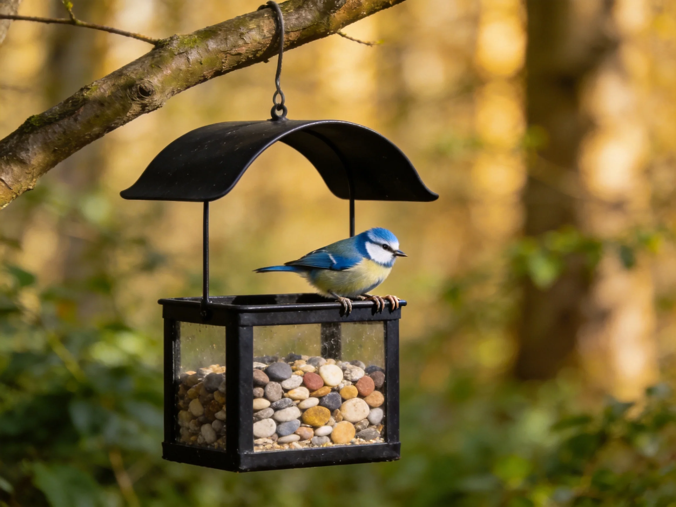 A blue bird rests on a black hanging bird feeder near a tree.