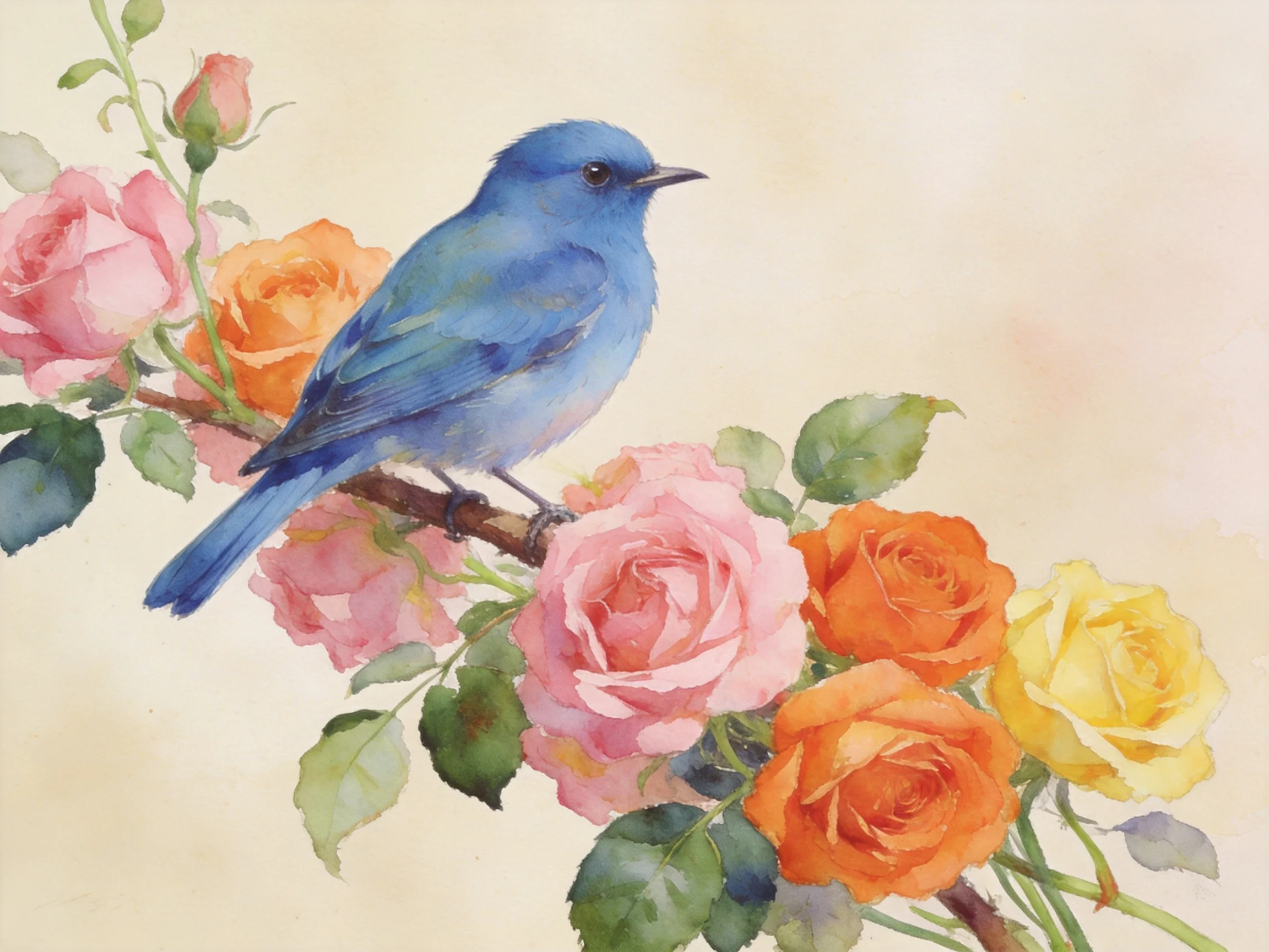 A blue bird perches on a branch with pink, orange, and yellow roses and green foliage
