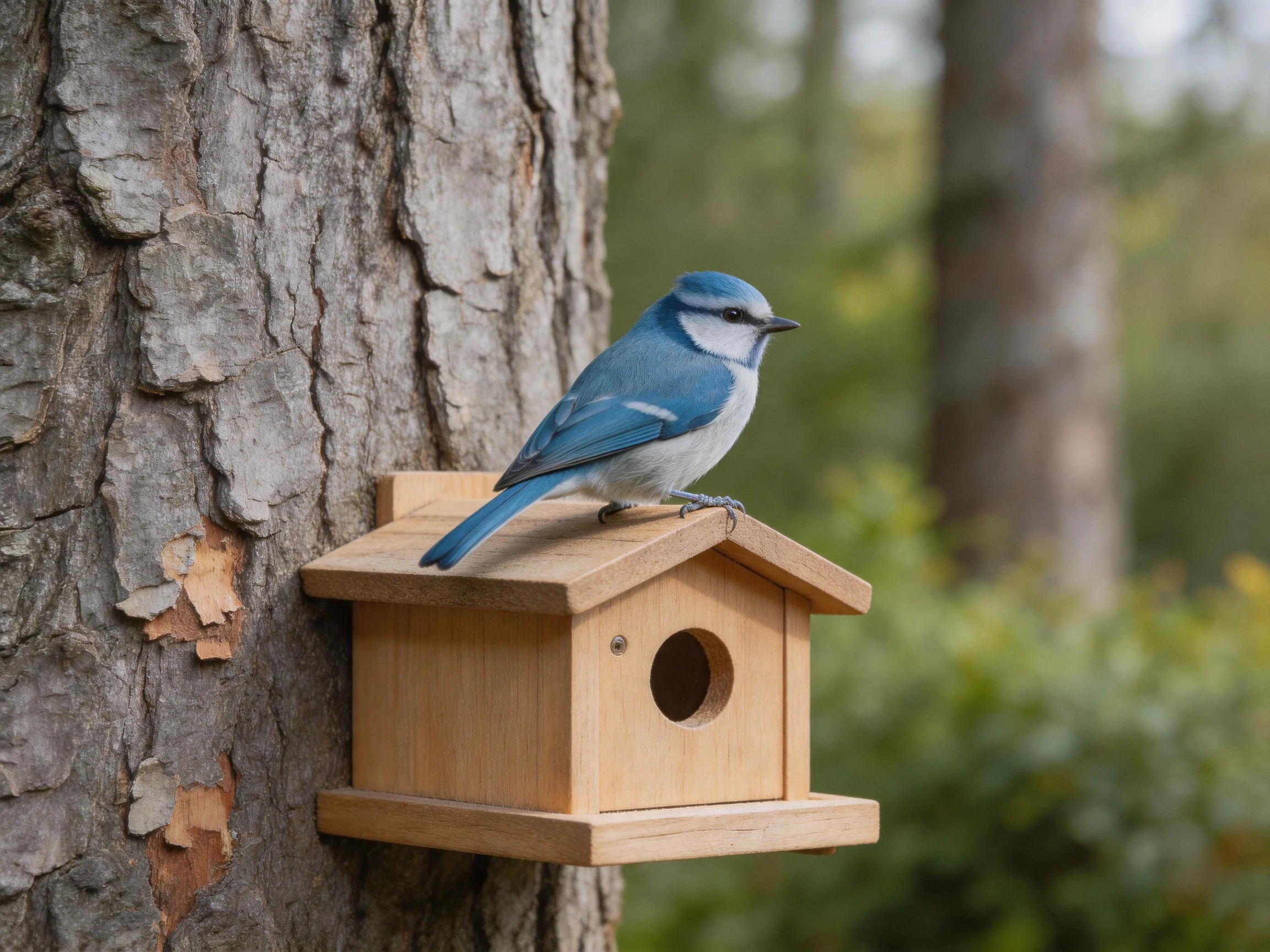 A blue bird perches on a wooden birdhouse attached to a tree trunk