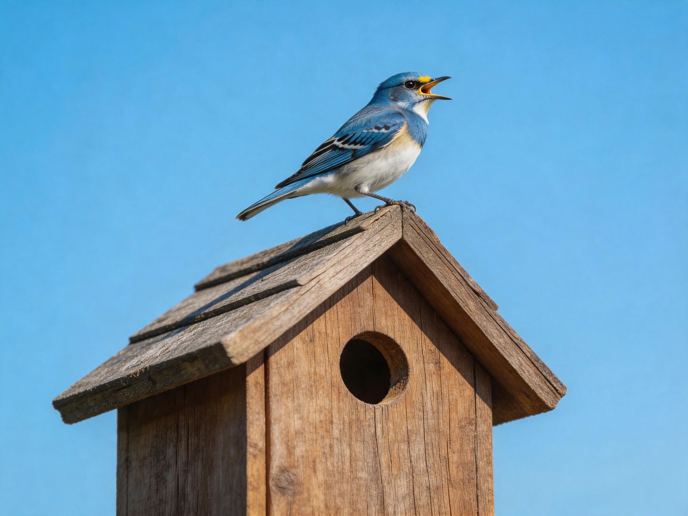 A blue bird perches on an aged wooden birdhouse beneath a clear sky