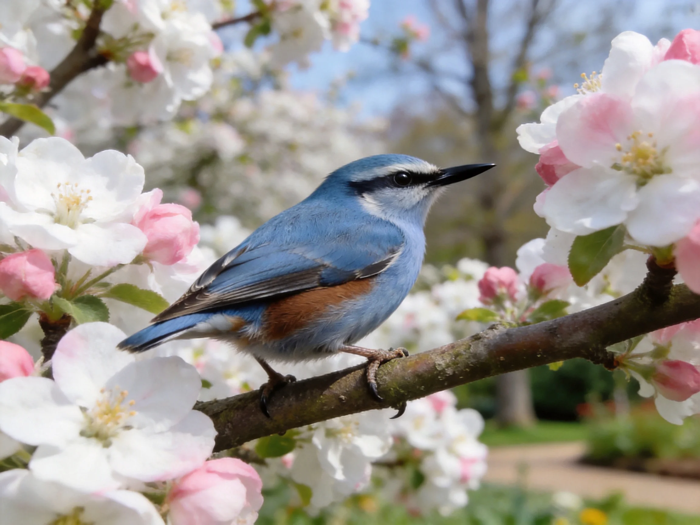 A blue bird perches on flowering branches with white and pink blooms