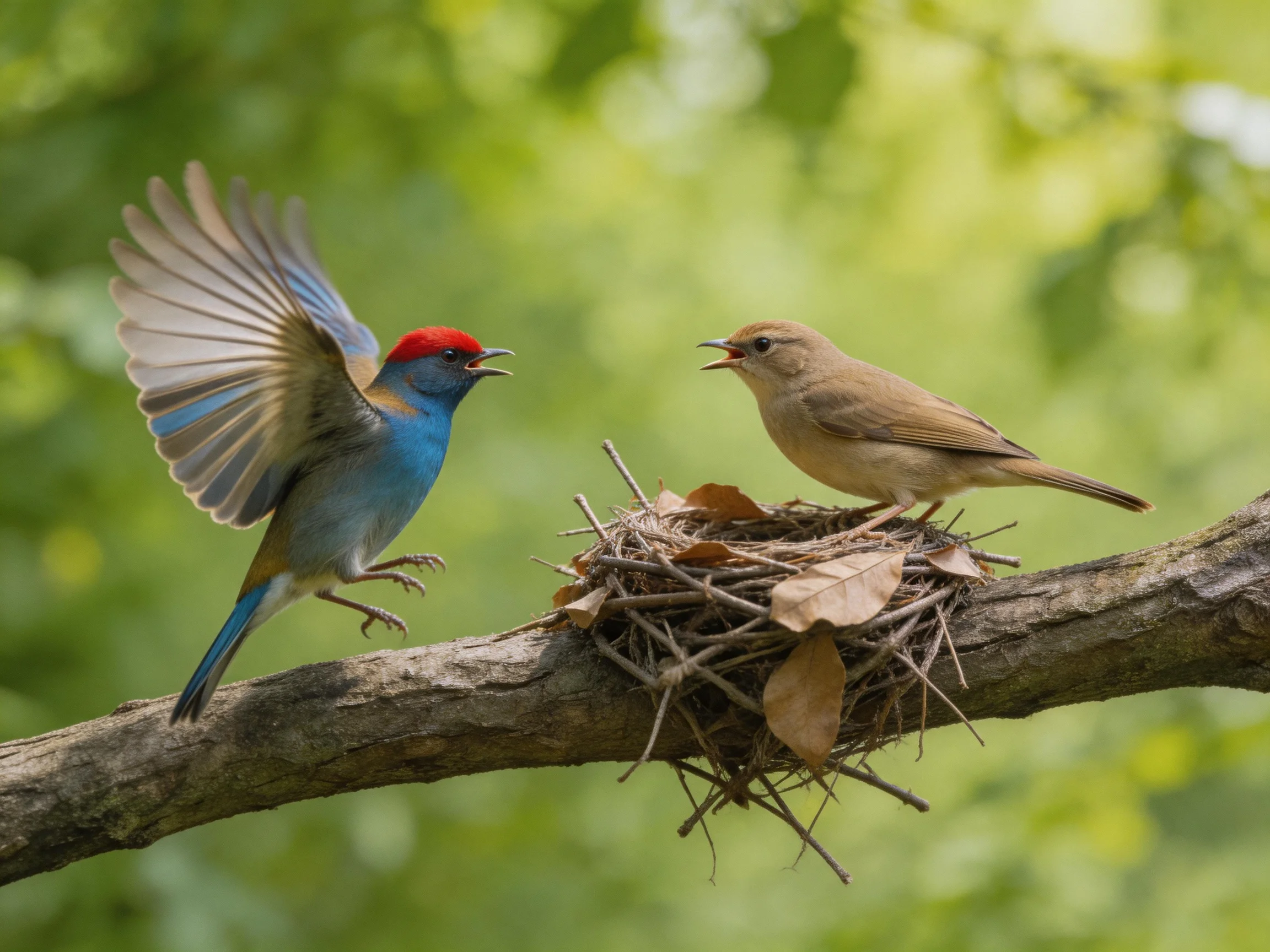 A blue bird with red crest interacts with a brown bird by a twig nest