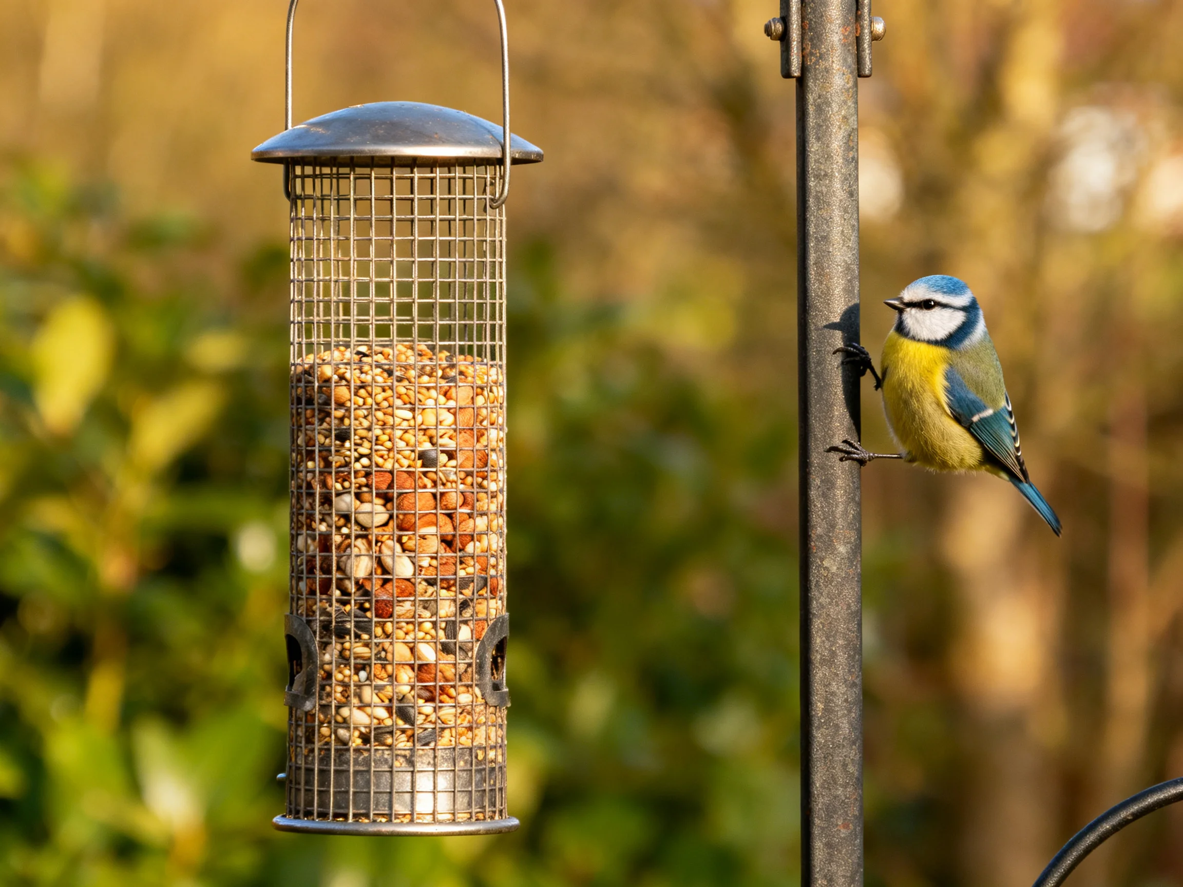 A blue - capped bird perches beside a cylindrical seed - filled feeder