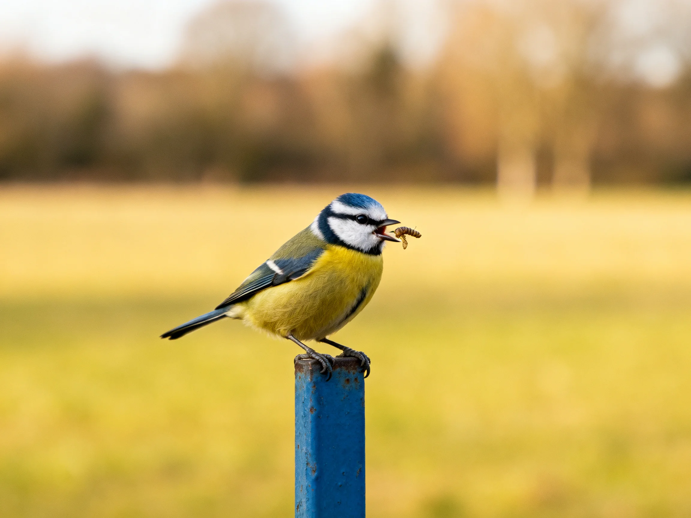 A blue - capped bird perches on a blue post with an insect