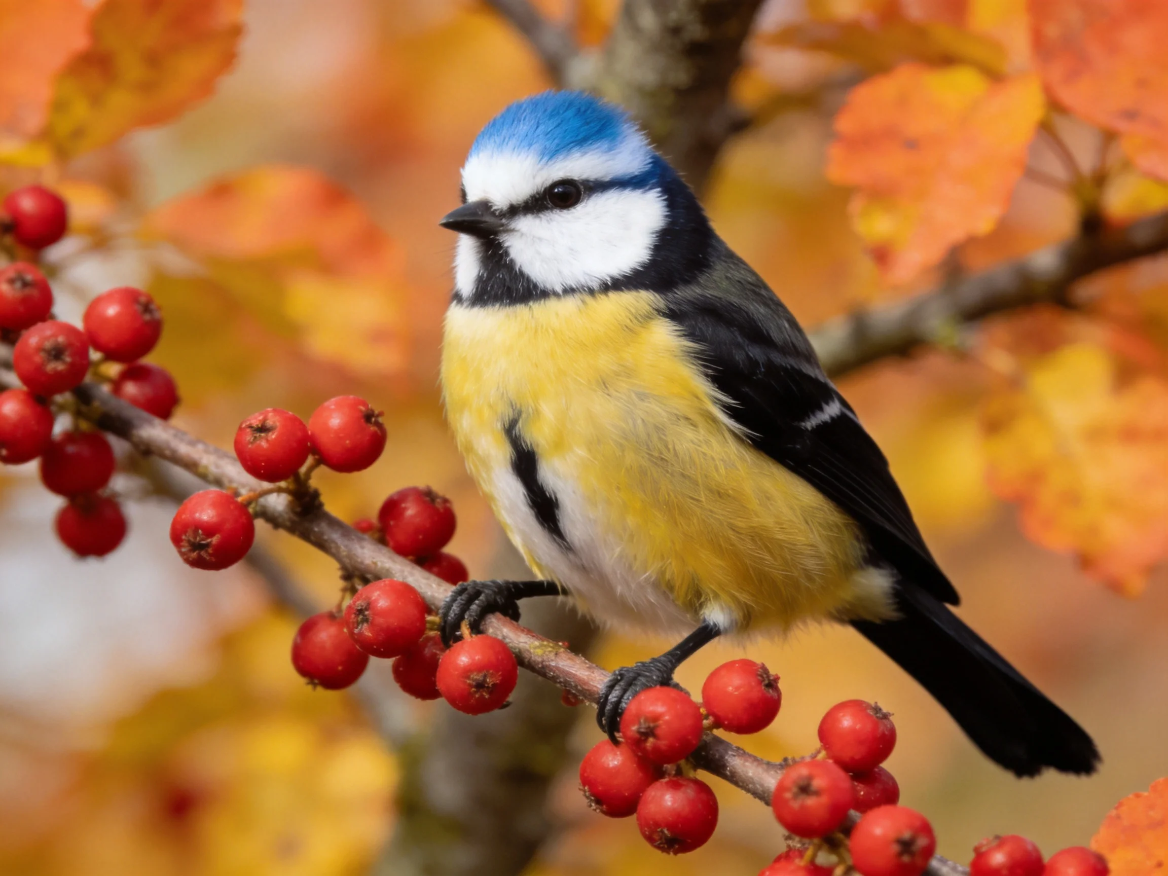 A blue-capped bird perches on a branch with red berries and autumn leaves