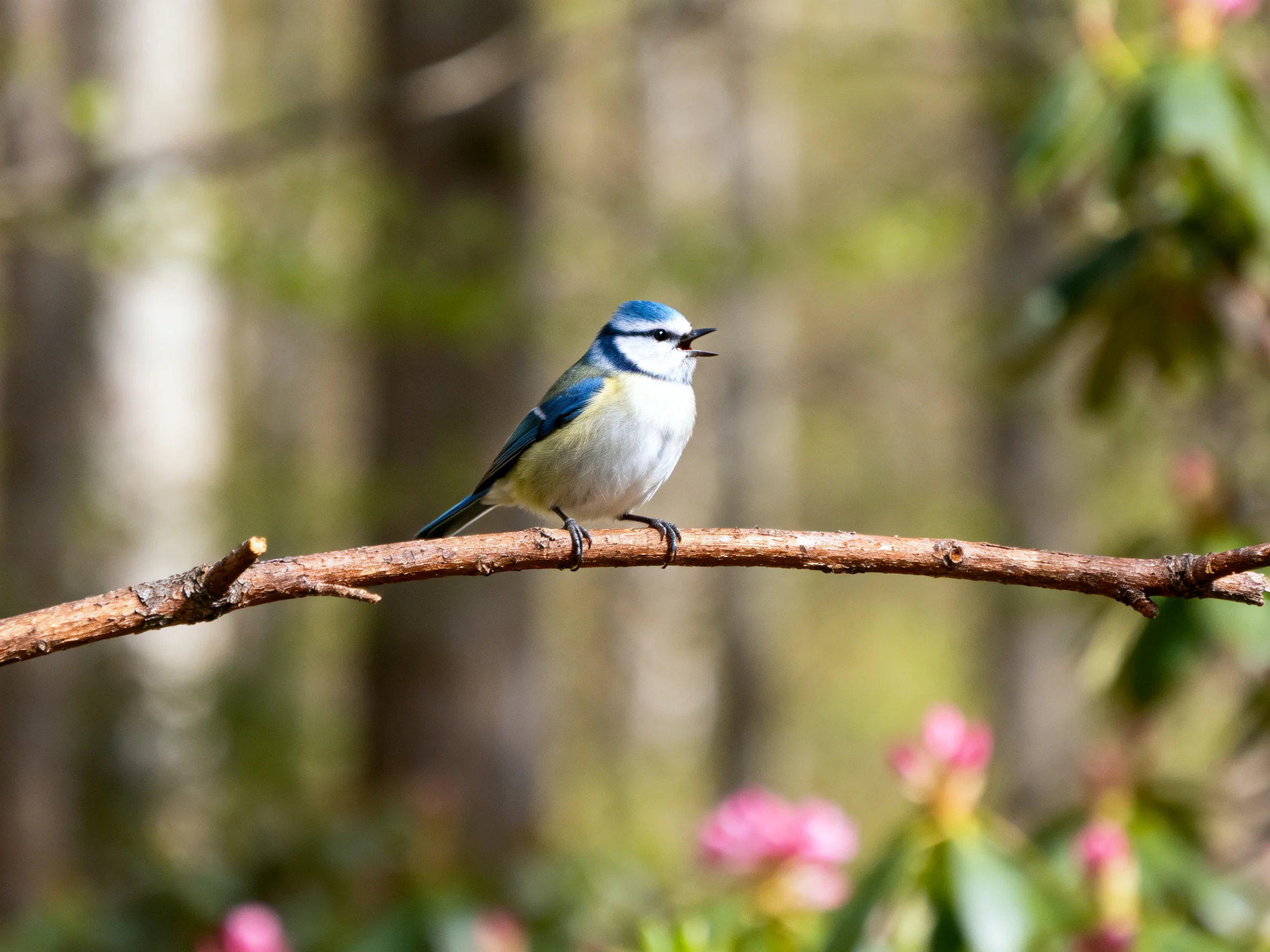 A blue-capped bird perches on a brown tree branch near pink blooms