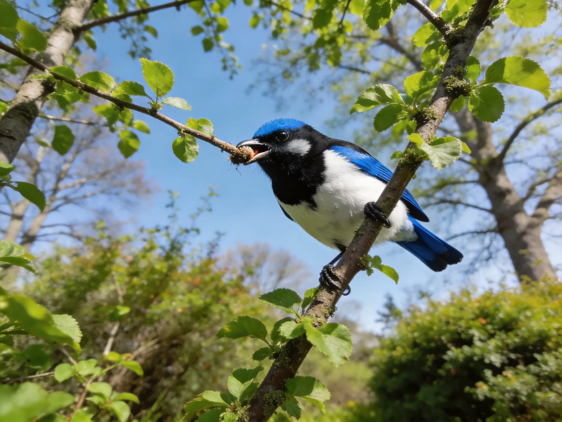 A blue - capped bird perches on a leafy branch with prey