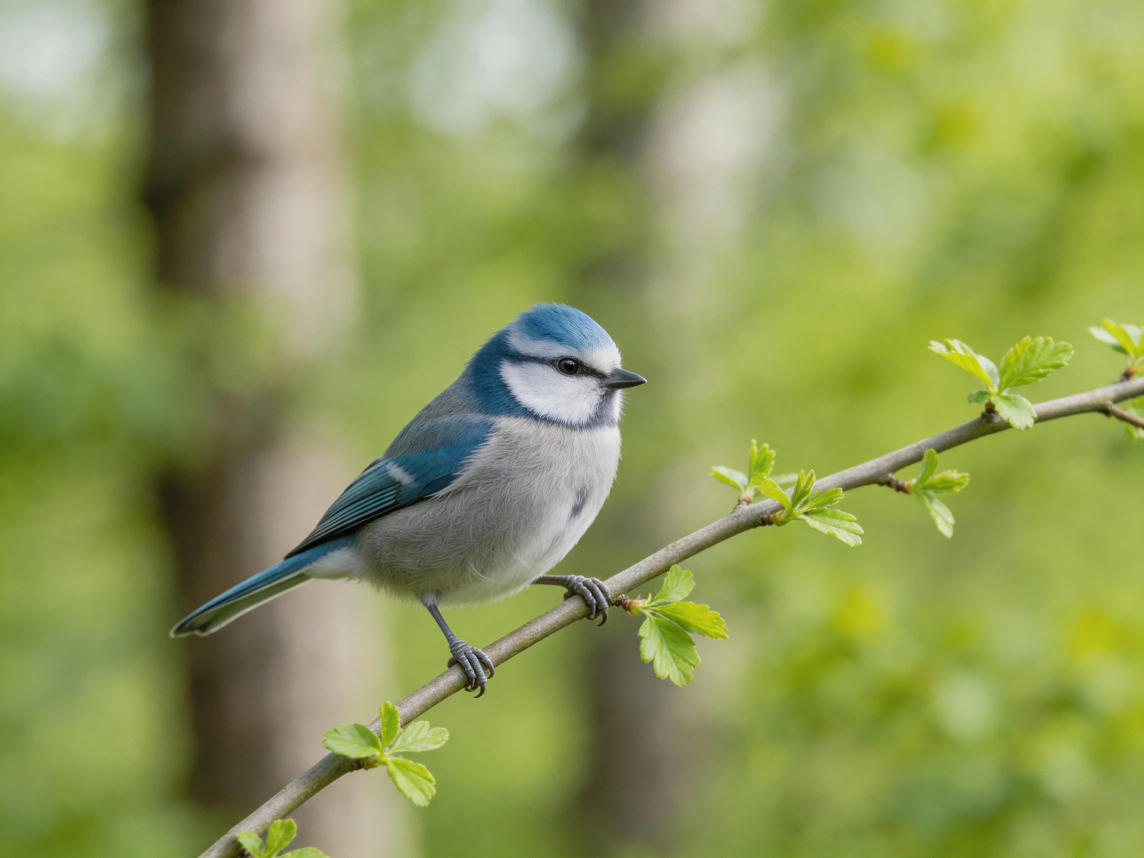 A blue - capped bird perches on a leafy branch