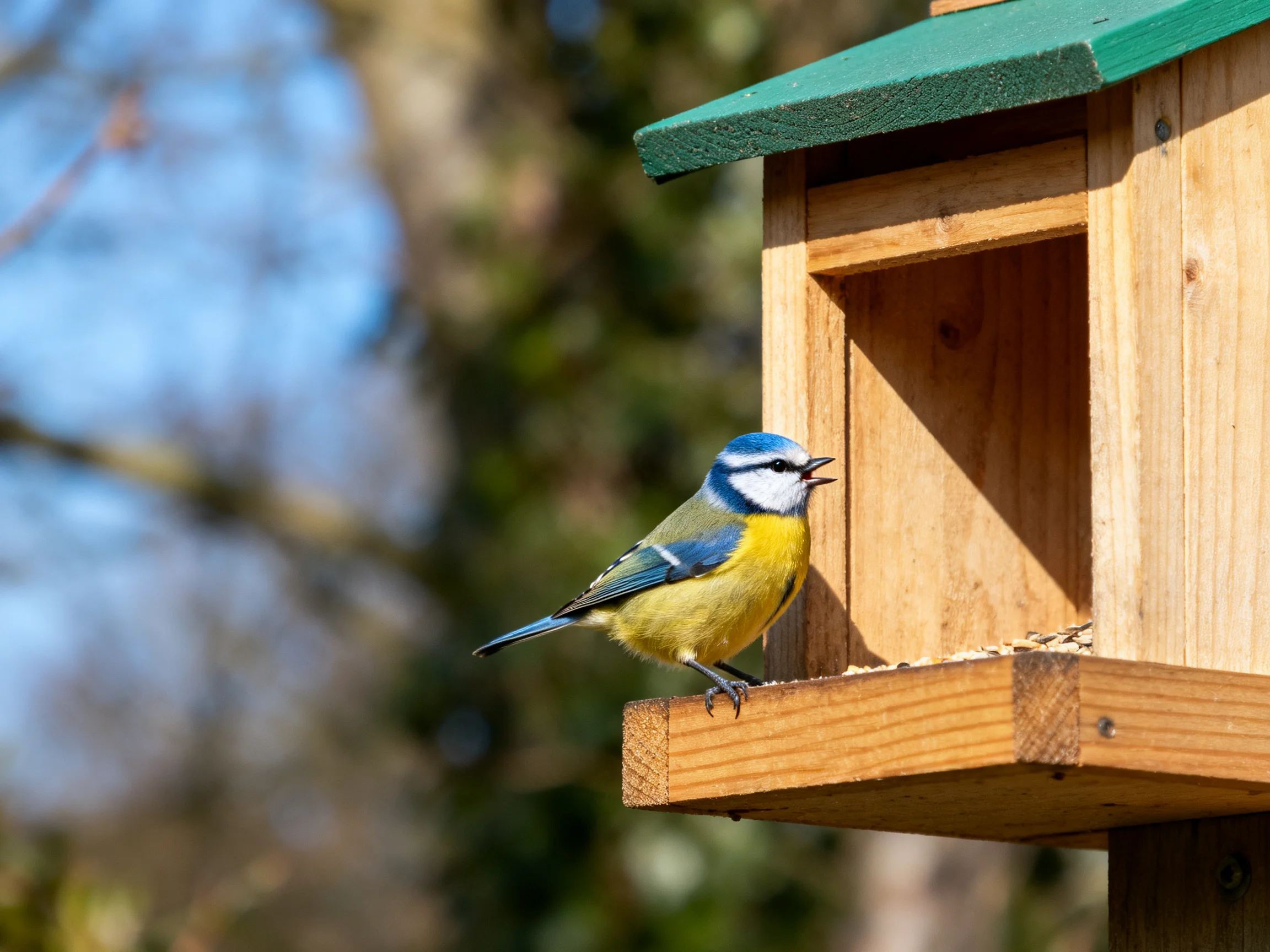 A blue - capped bird perches on a wooden bird feeder