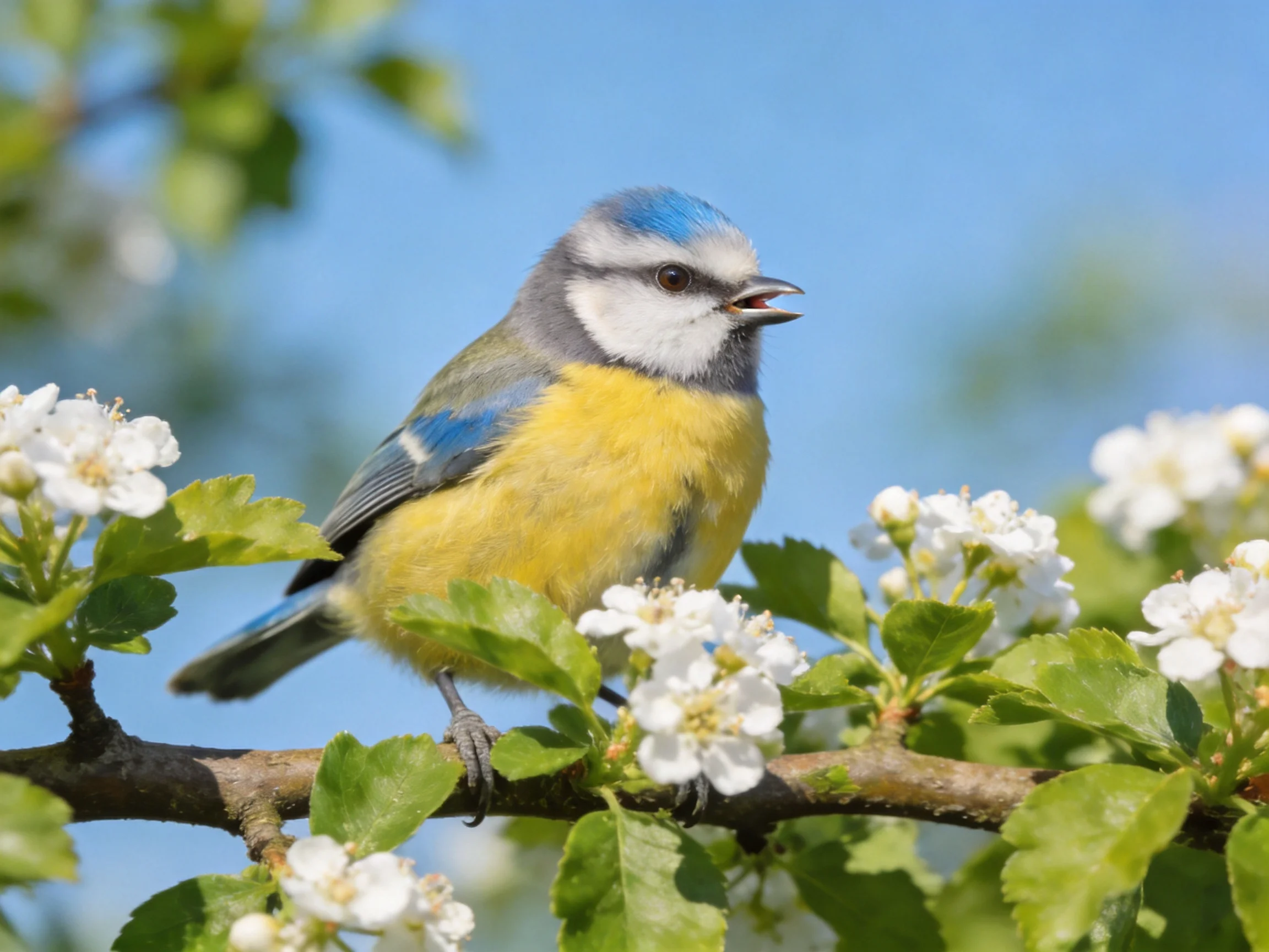 A blue-capped bird with yellow breast sits on a flowering branch