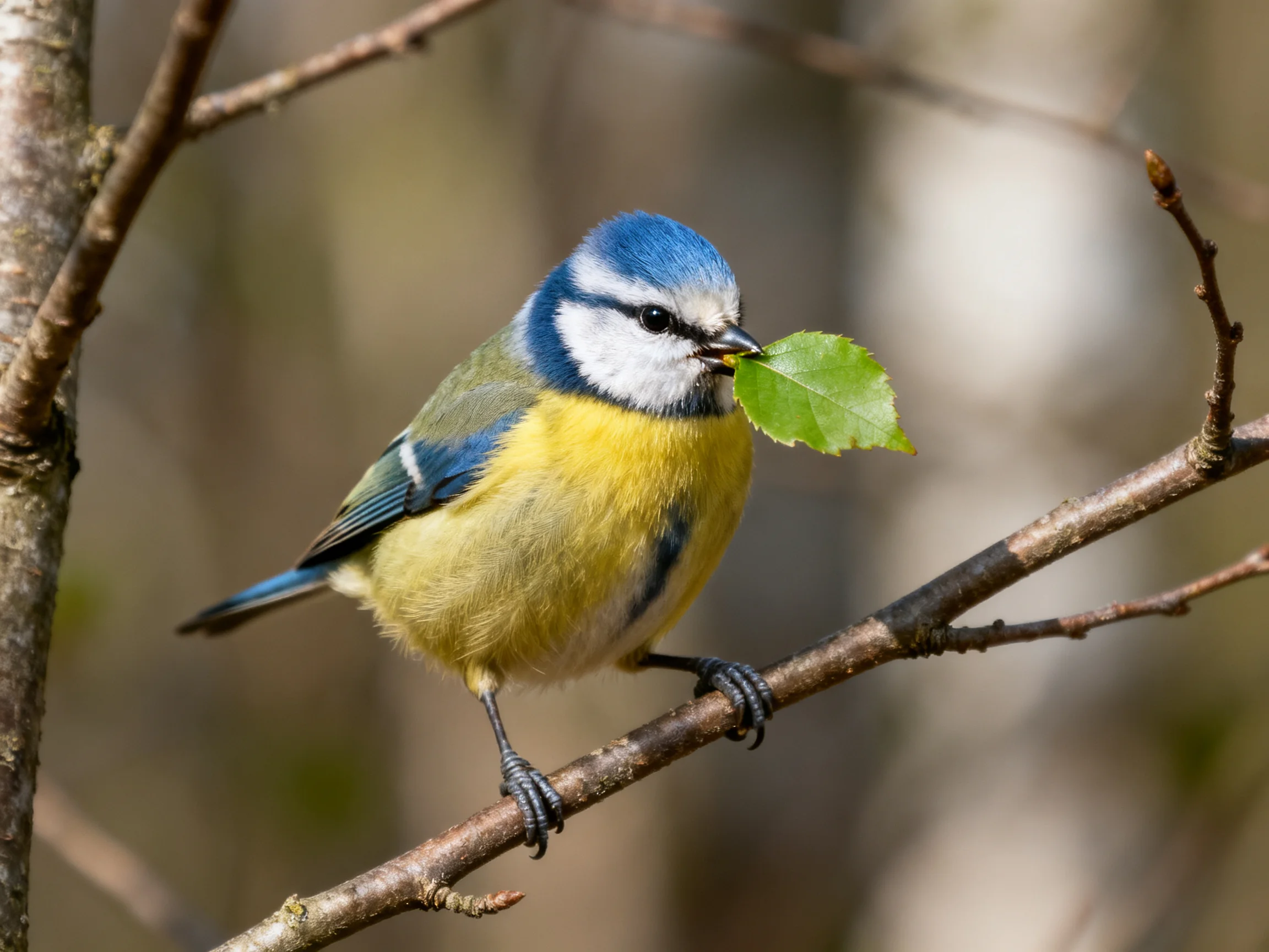A small multicolored bird carries a leaf while perched on a branch.