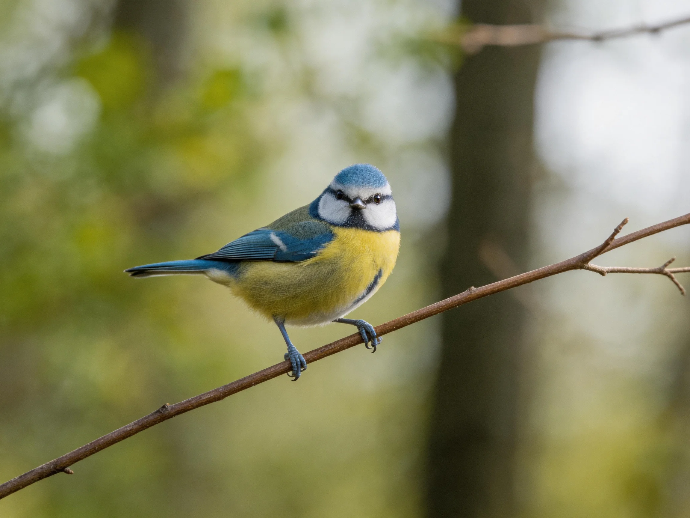 A blue-capped bird with yellow underparts perches on a thin branch