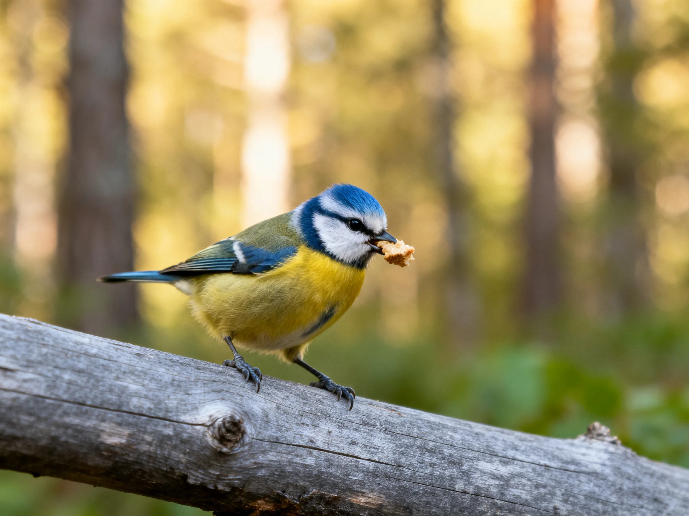 A blue-capped bird with yellow underparts perches on a weathered log