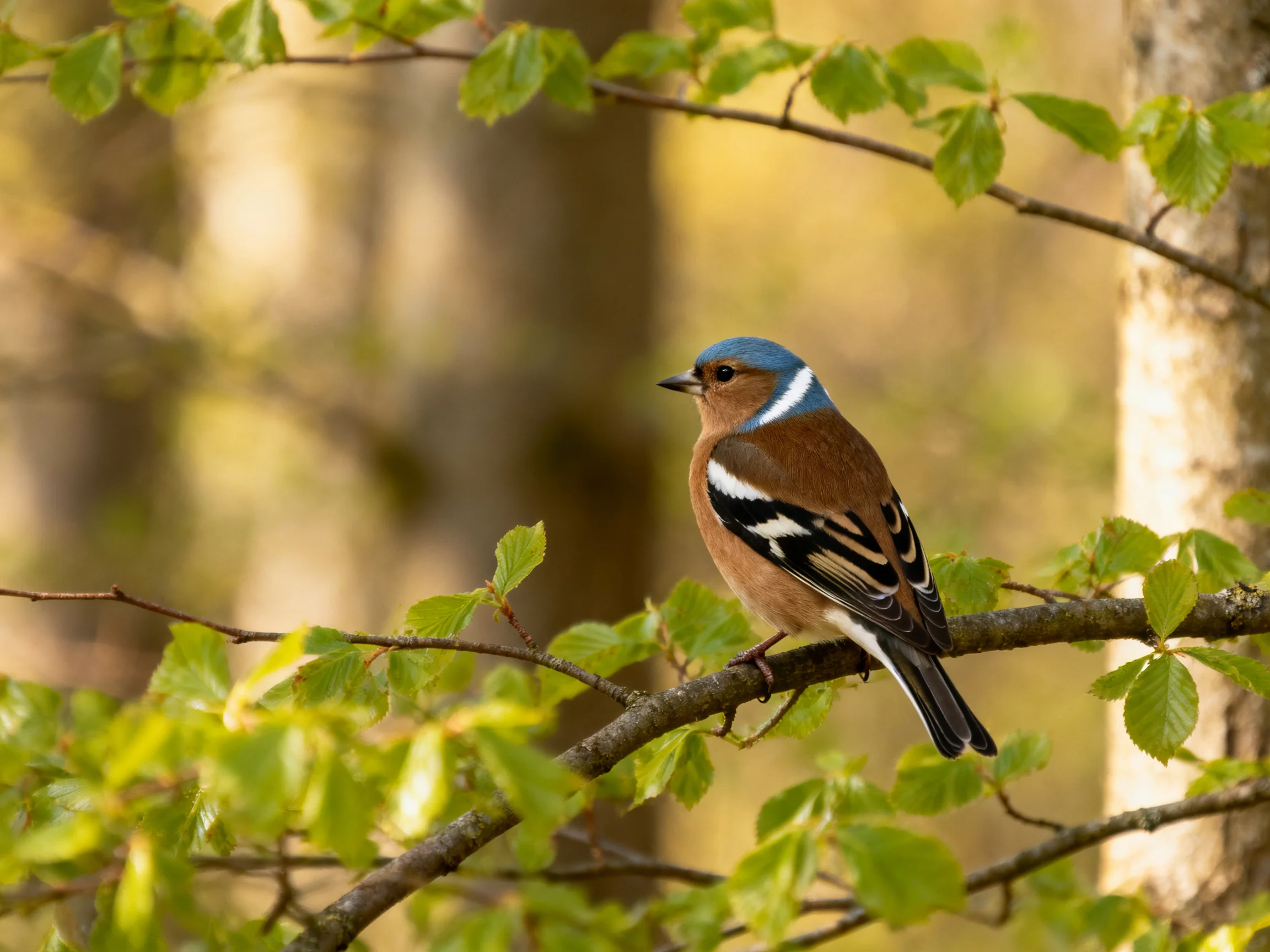 A blue-capped bird withbrown chest sits on a leafy branch