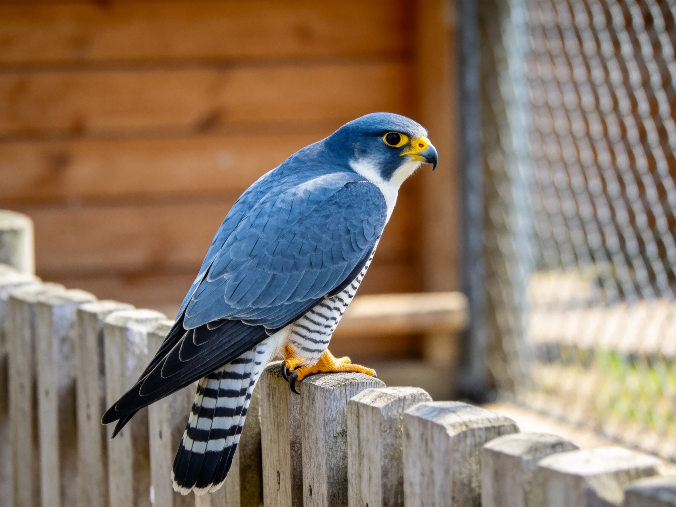 A blue falcon perches on a weathered wooden fence near a wire enclosure