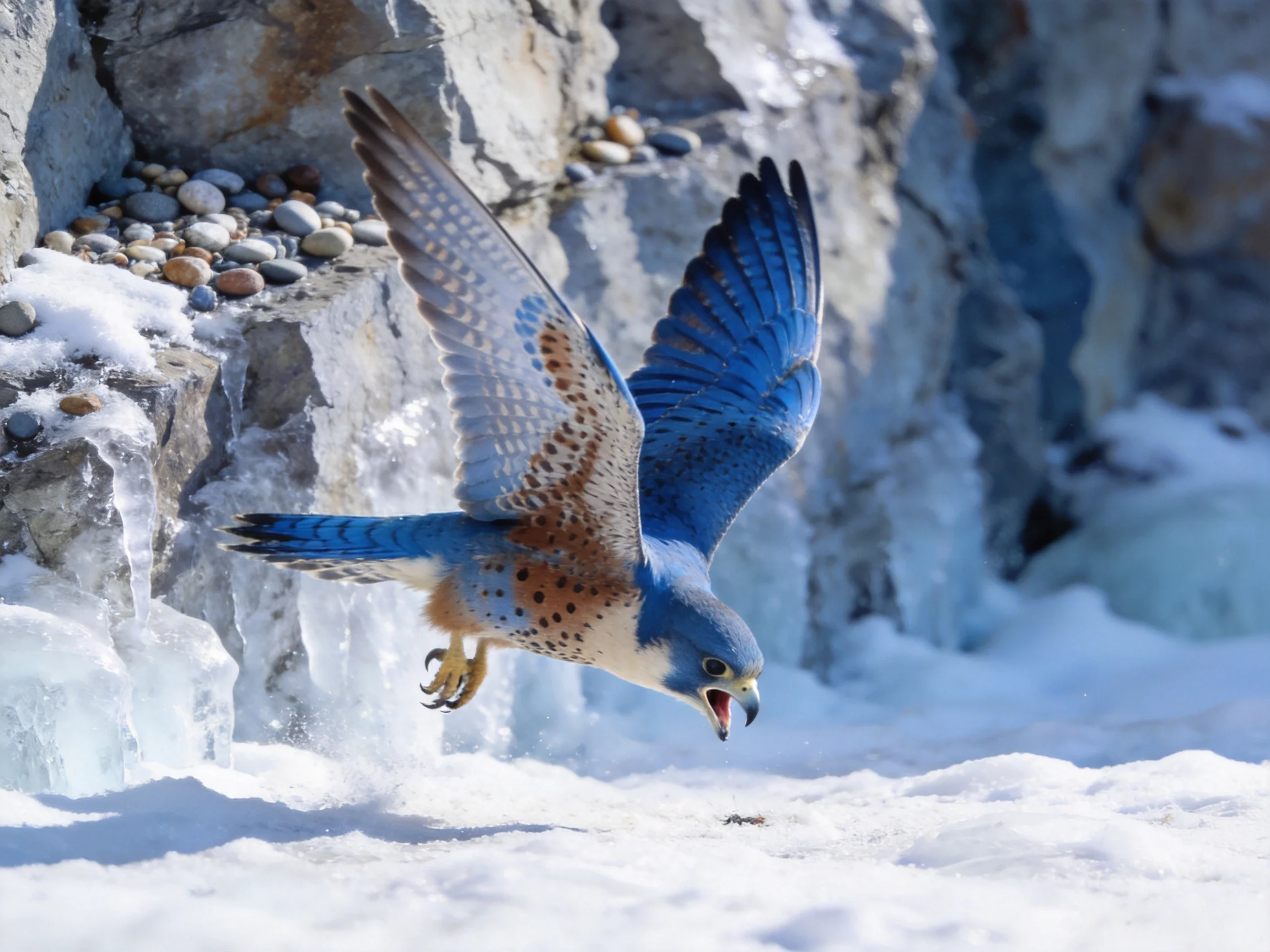 A blue falcon soars over icy terrain near rocky cliffs