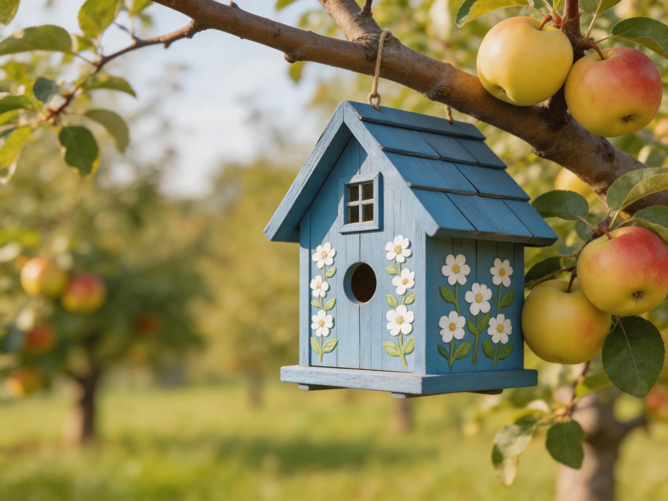 A blue floral birdhouse hangs from an apple tree branch
