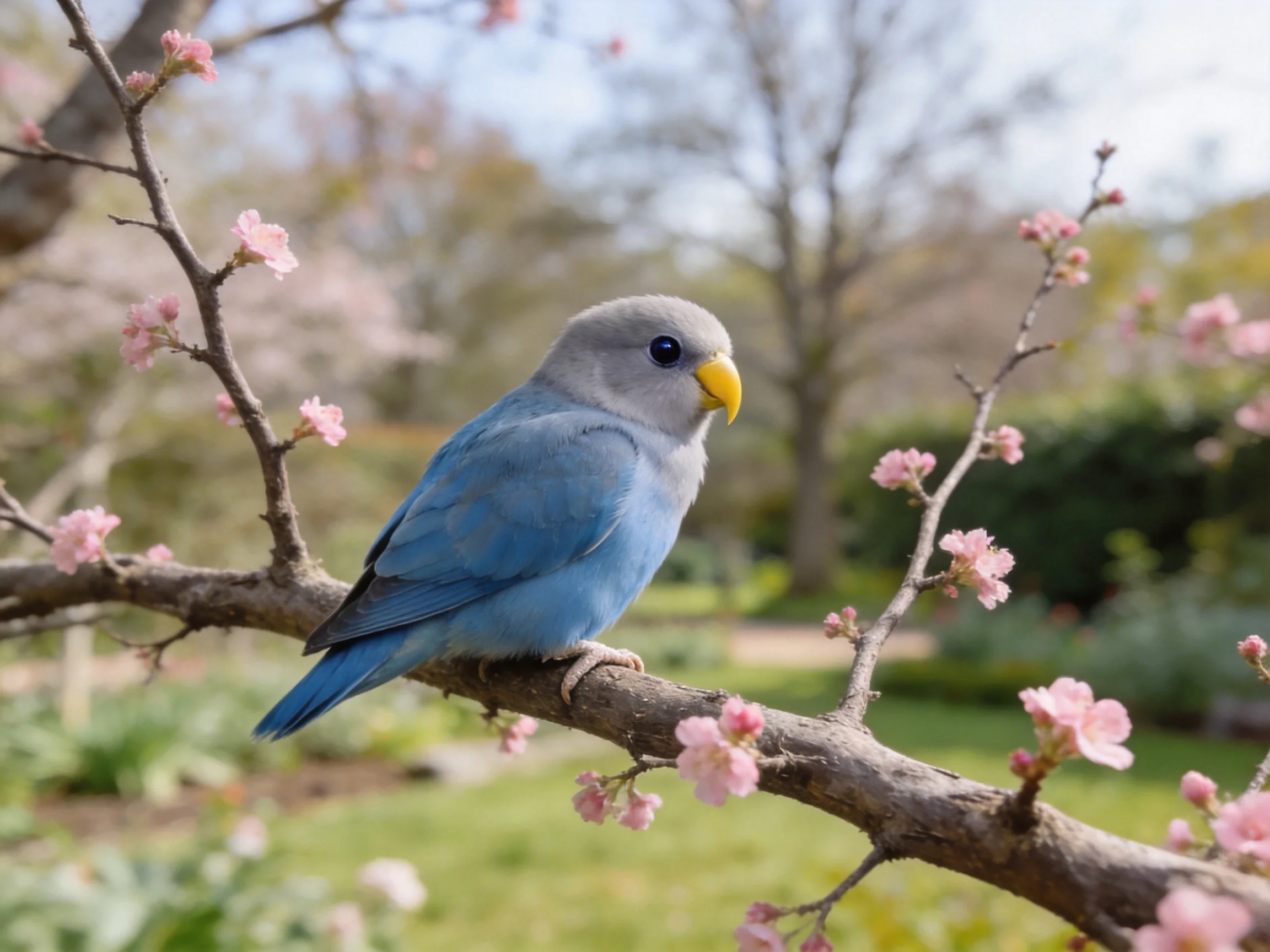 A blue-gray bird with a yellow beak sits on a flowering branch