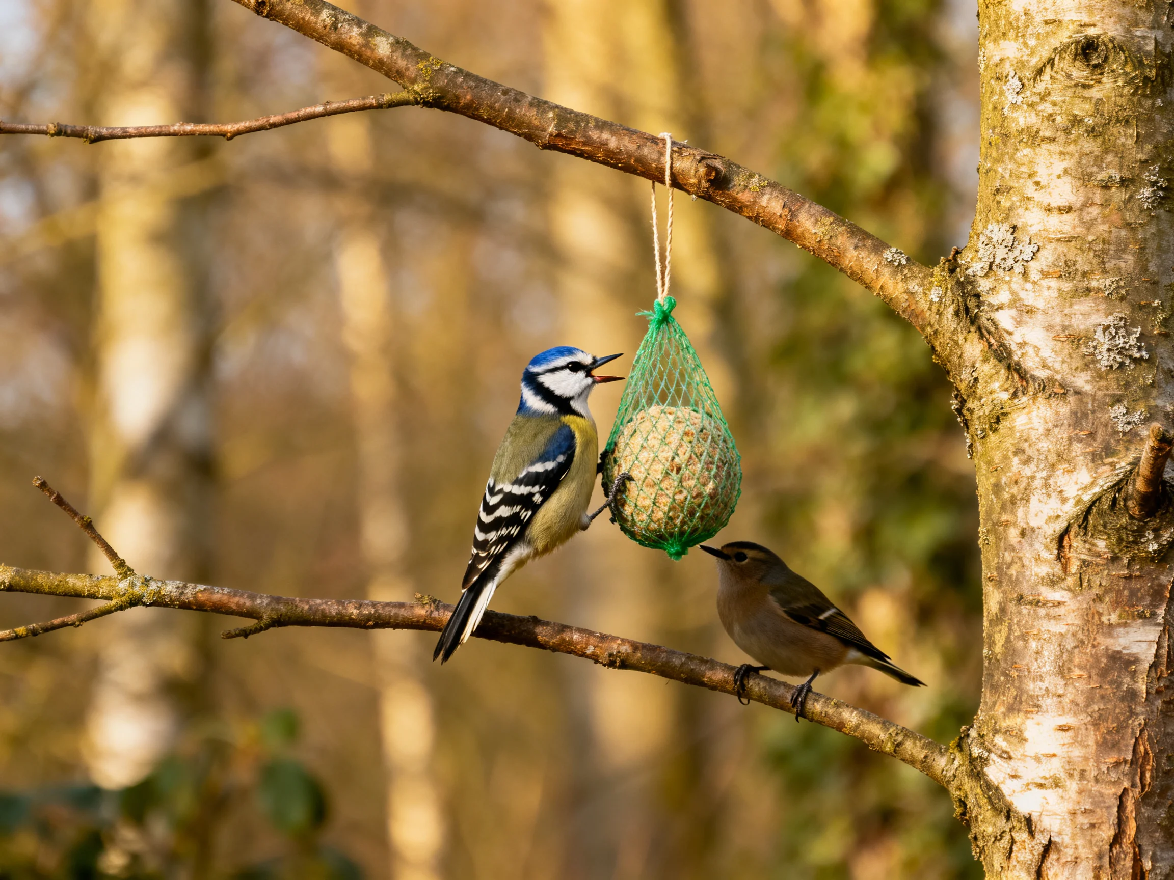 A blue-headed bird and brown bird interact by a green mesh feeder on a tree branch
