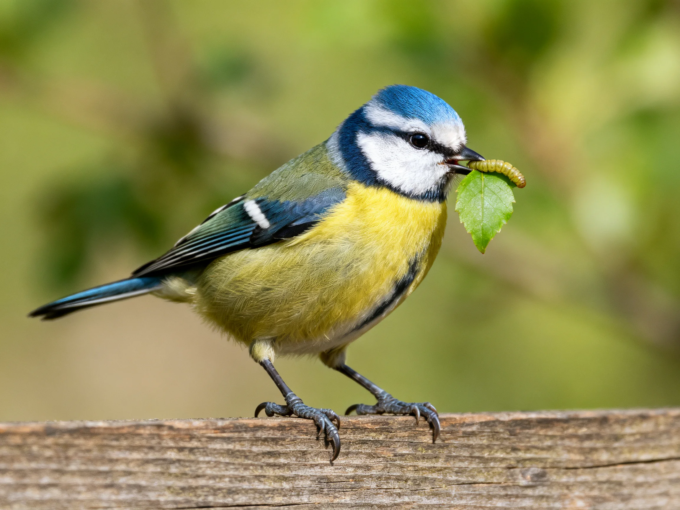 A blue-headed bird carrying a caterpillar and leaf on a wooden surface