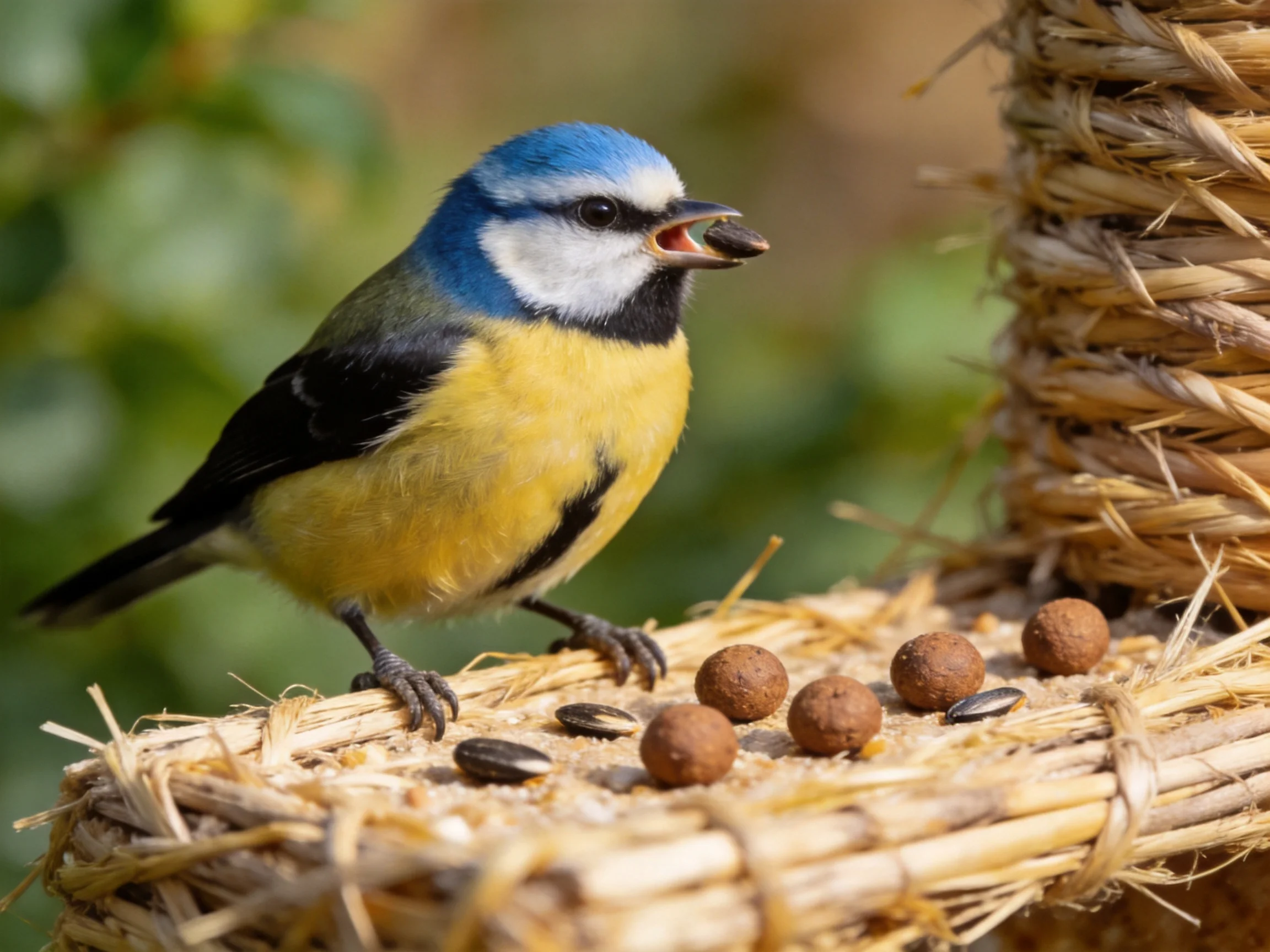 A blue-headed bird feeding on a straw bird feeder