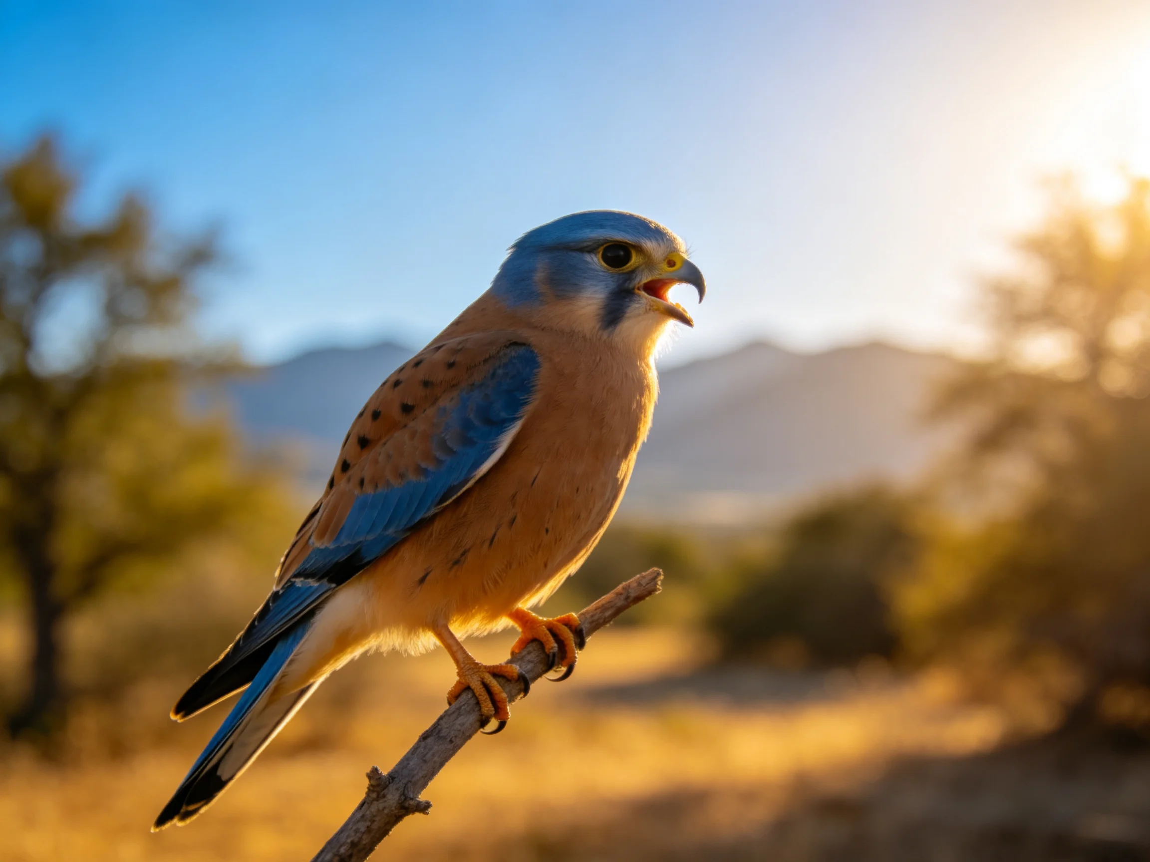 A blue-headed bird of prey perched on a branch in golden light