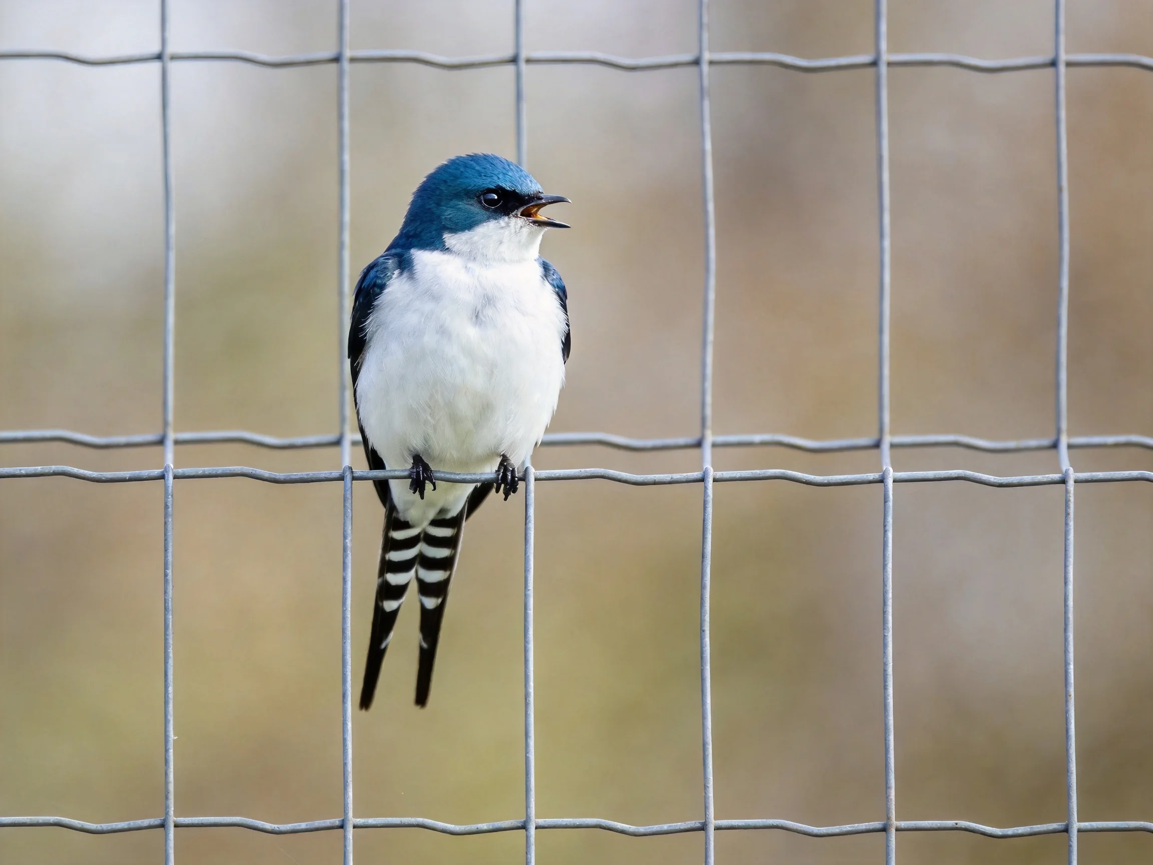 A blue-headed bird perched on a metal grid fence
