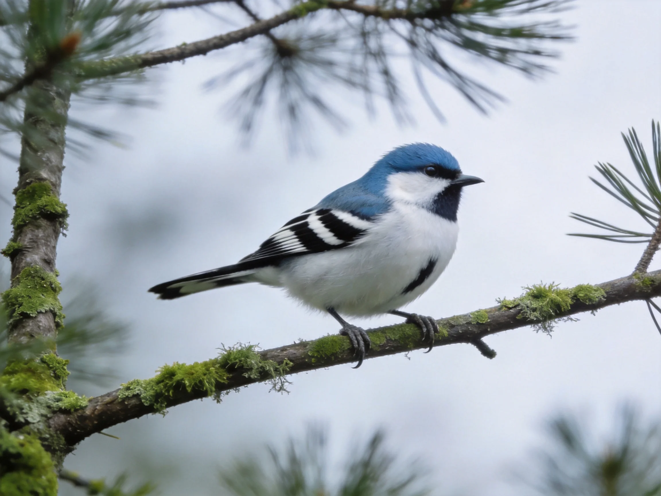 A blue-headed bird perched on a moss-covered pine branch