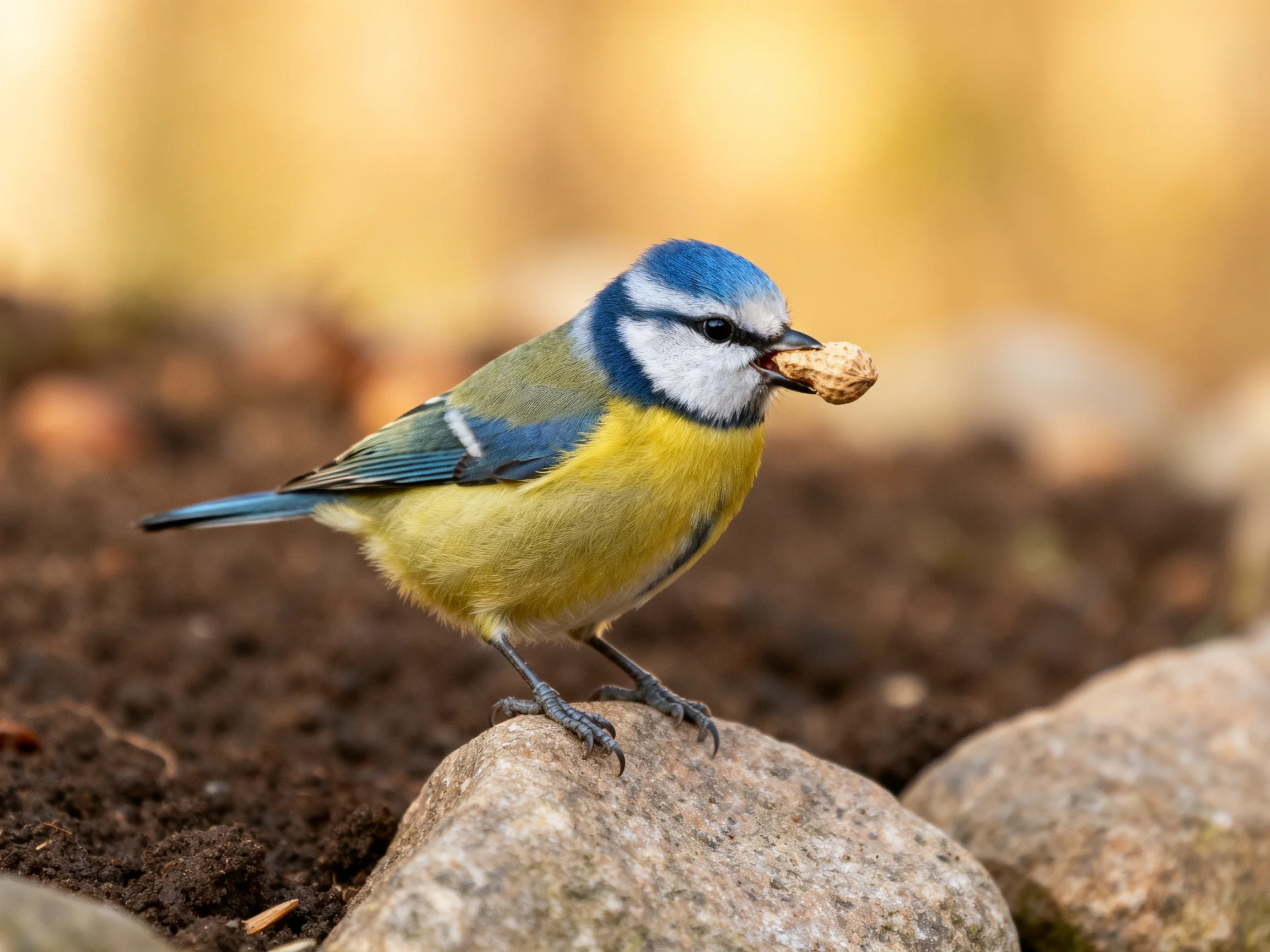 A blue-headed bird perched on a rock with a peanut