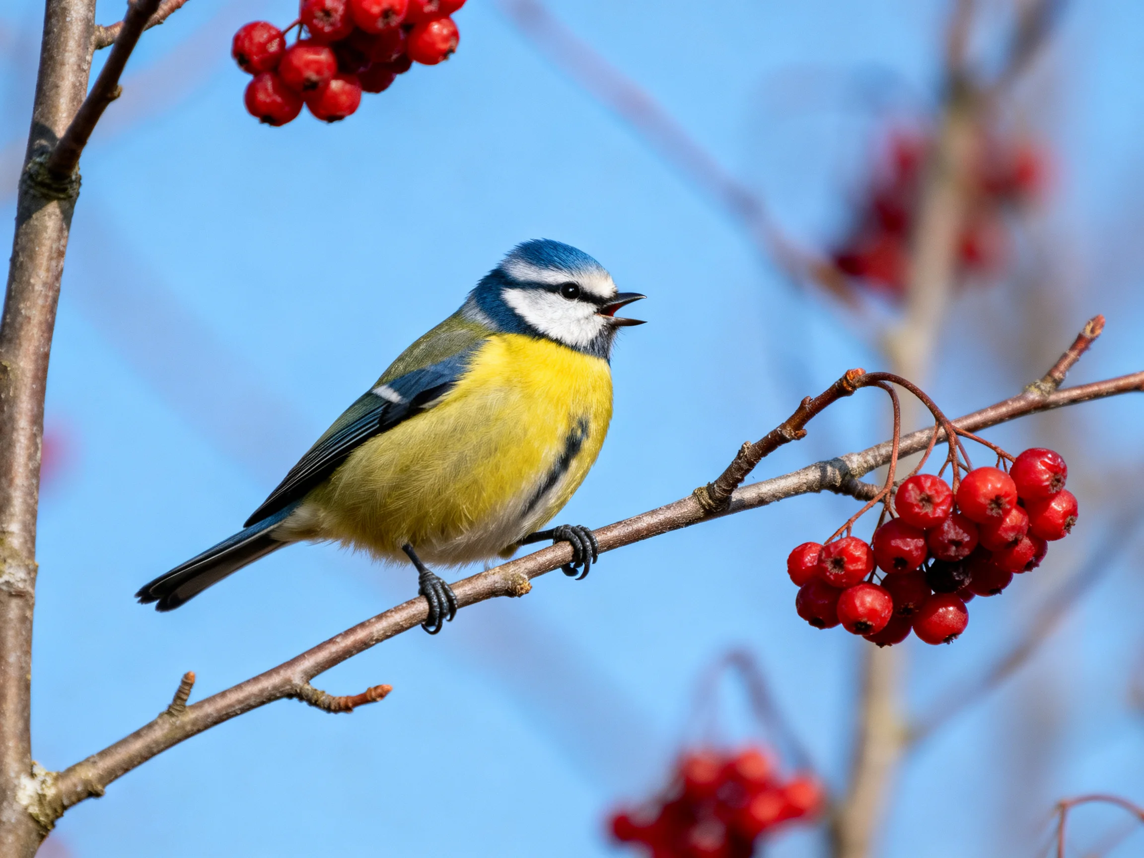 A blue-headed bird perches among vibrant red berries on a slender branch